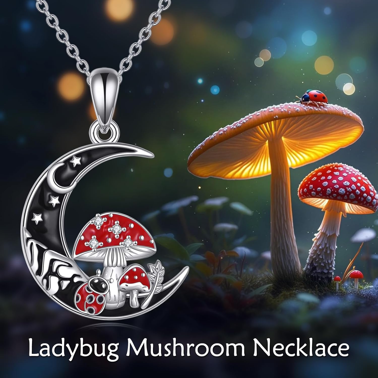 Diamond Red Cardinal/Black Cat/Mushroom/Bee Necklace for Women, 925 Sterling Silver Cute Animal Pendant Necklaces Jewelry Gifts for Wife Mom Nana Her Christmas - Image 2