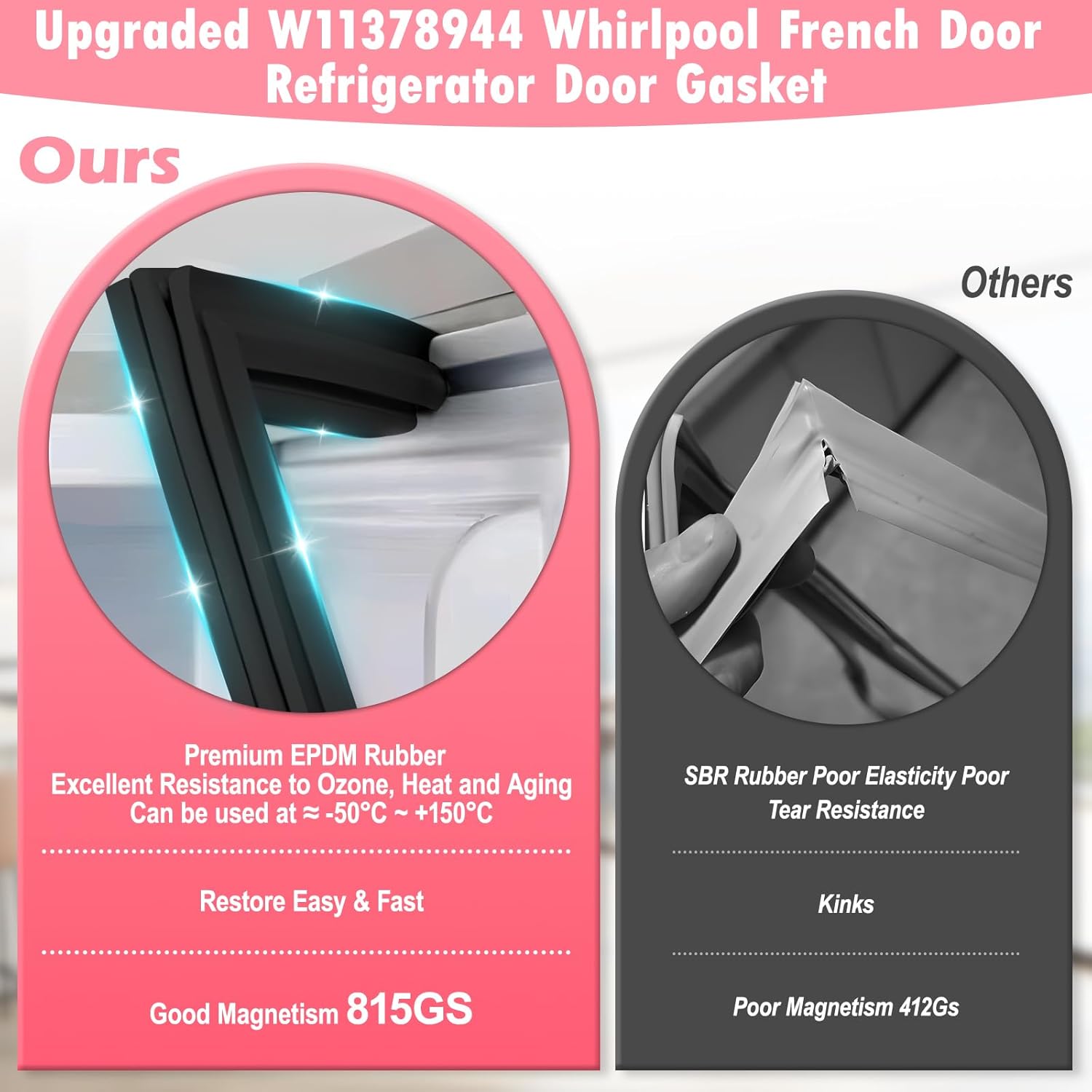 LXun Upgraded W11378944 Refrigerator Door Gasket Compatible with Maytag Whirlpool French Door Refrigerator Door Seal Replace Part W10163898 WPW10435969 W10162891 AFI2538AEB13 Door Gasket Part -Black
