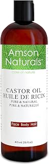 Castor Oil 16 oz /473ml (Large Bottle) by Amson Naturals -100% Pure & Natural Castor oil for Hair, Eyelashes, Eyebrow, Beard, Skin, Cold Pressed carrier oil for essential oils. huile de ricin pour cheveux.