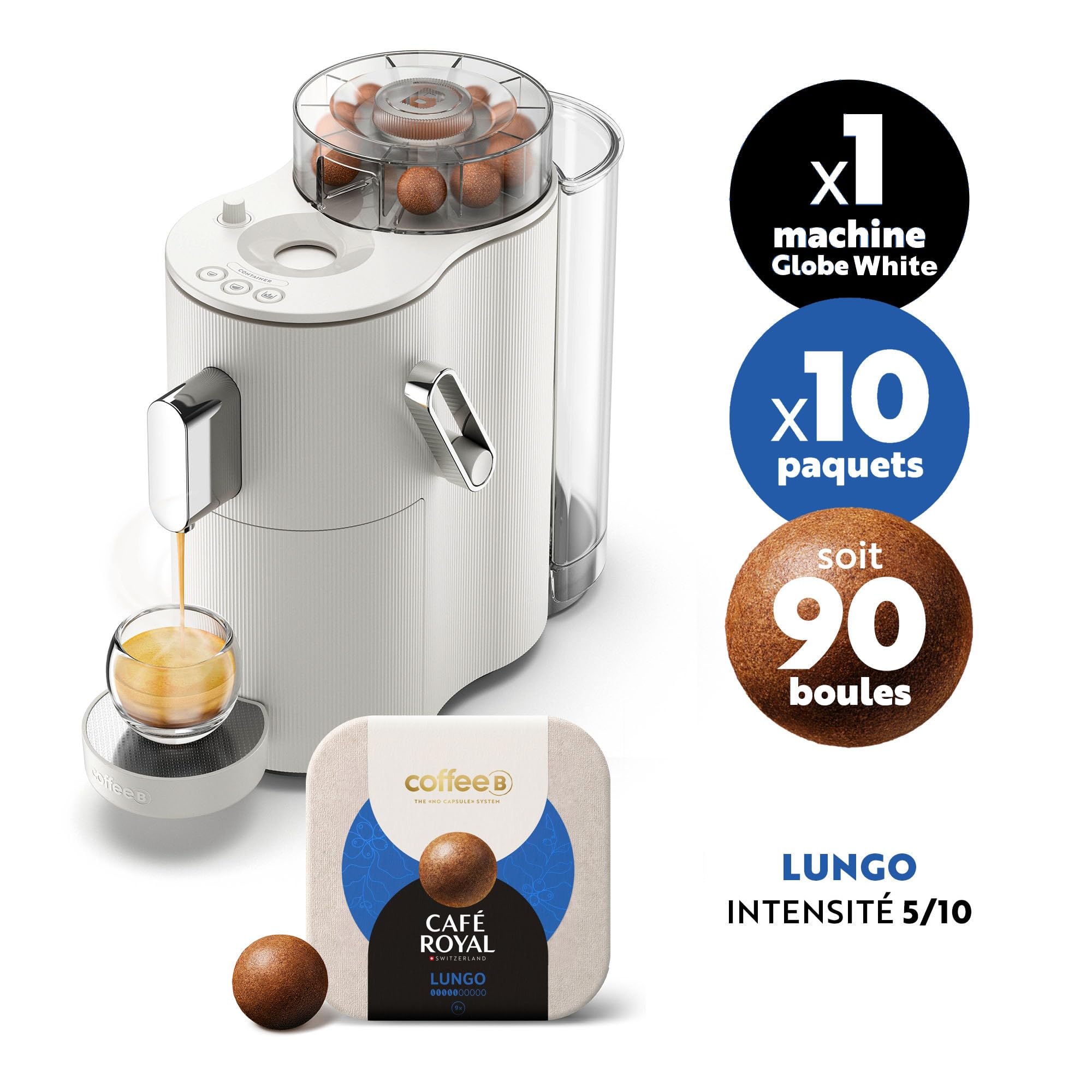 CAFE ROYAL SWITZERLAND PROFESSIONAL Machine à Café CoffeeB Globe Blanc 1.3L avec 90 Coffee Balls Lungo - 100% Compostables