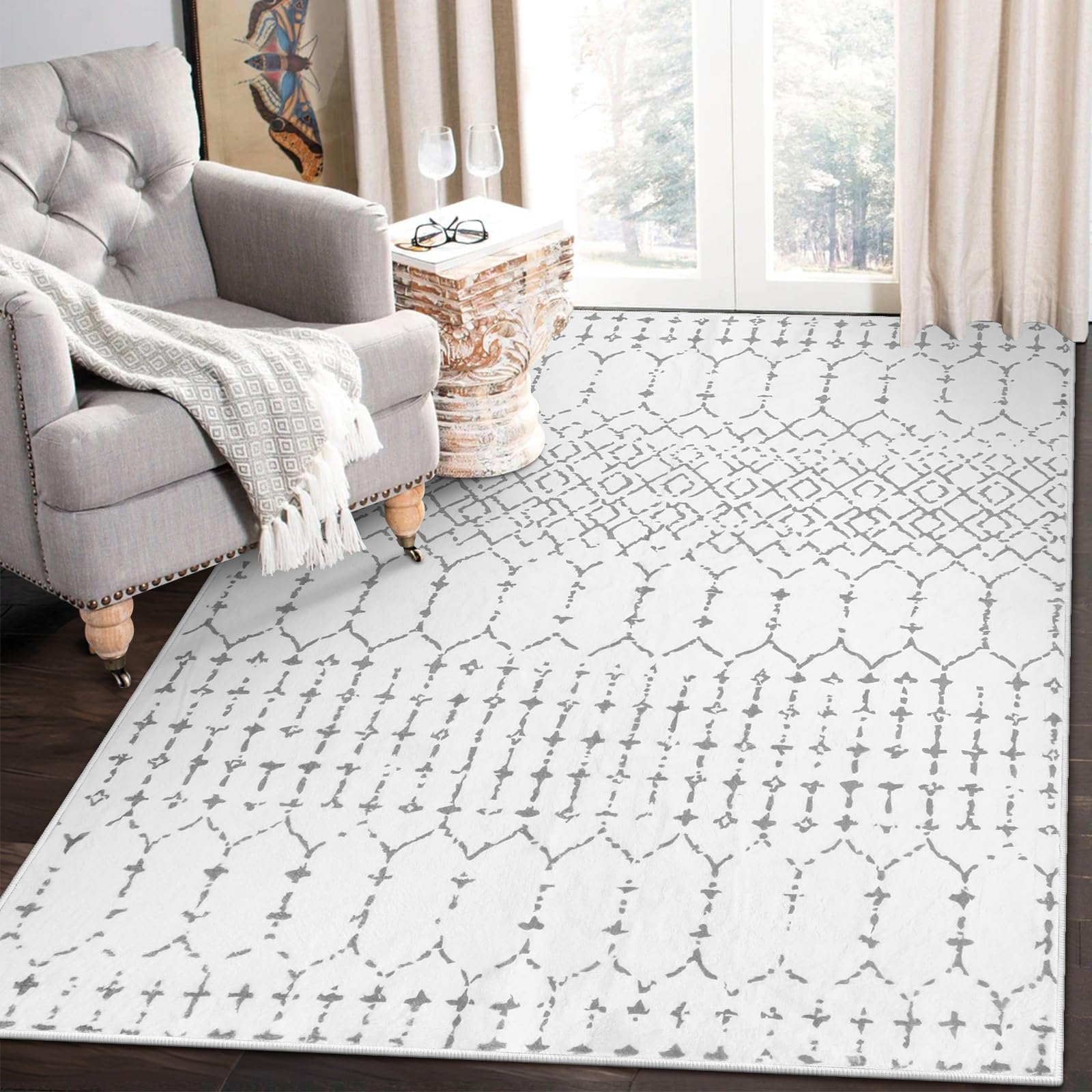 Lahome Moroccan Living Room Area Rug - Washable Rugs 4x6 Non-Slip Soft Throw Rugs for Bedroom White Lightweight Large Rug, Modern Geometric Print