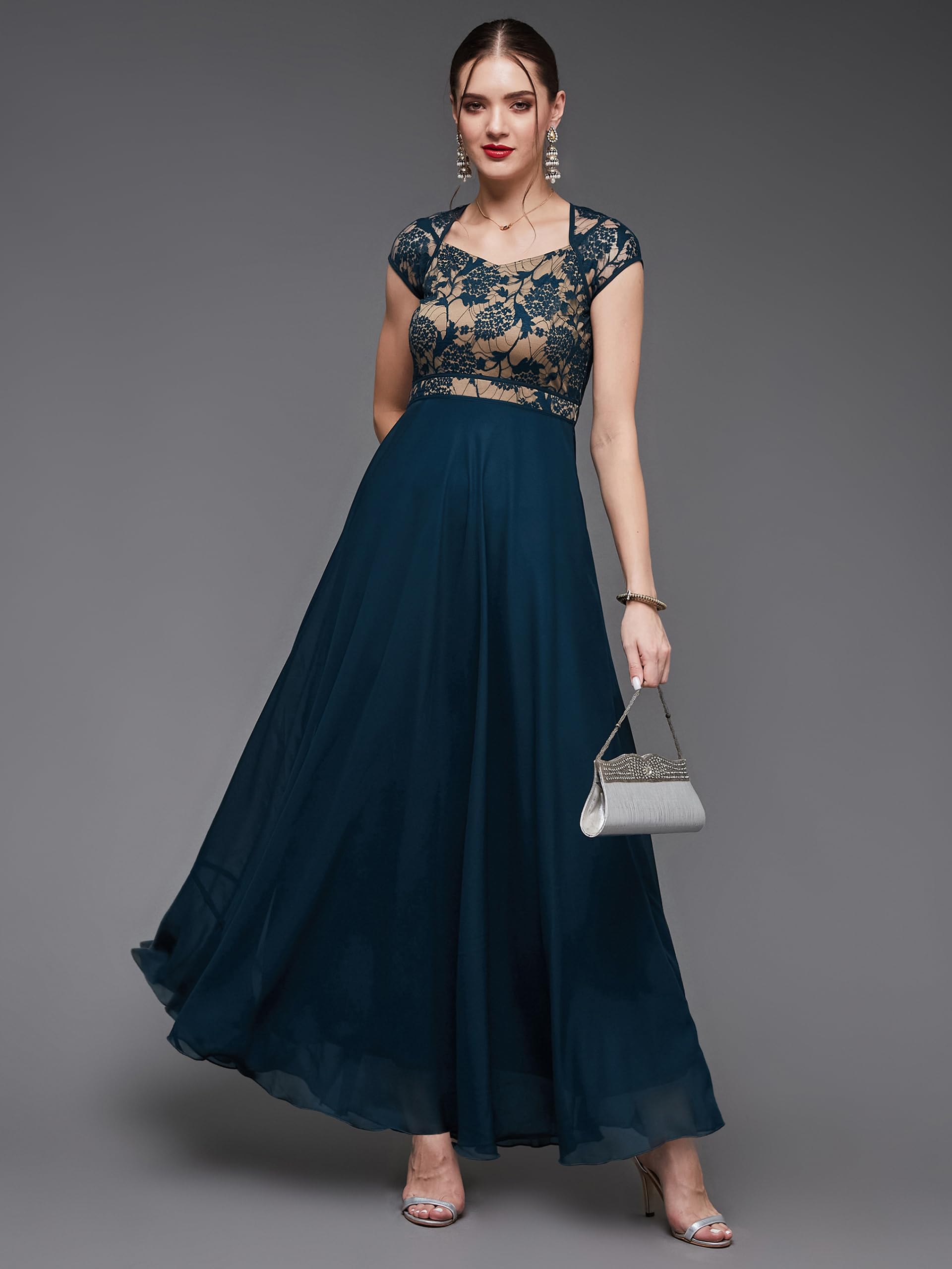 Miss Chase Women's Floral V - Neck Cap Short Sleeves Lace Overlaid Fit & Flare Paneled Maxi Dress (Mcss21D06-11-83-08, Teal, 3Xl)