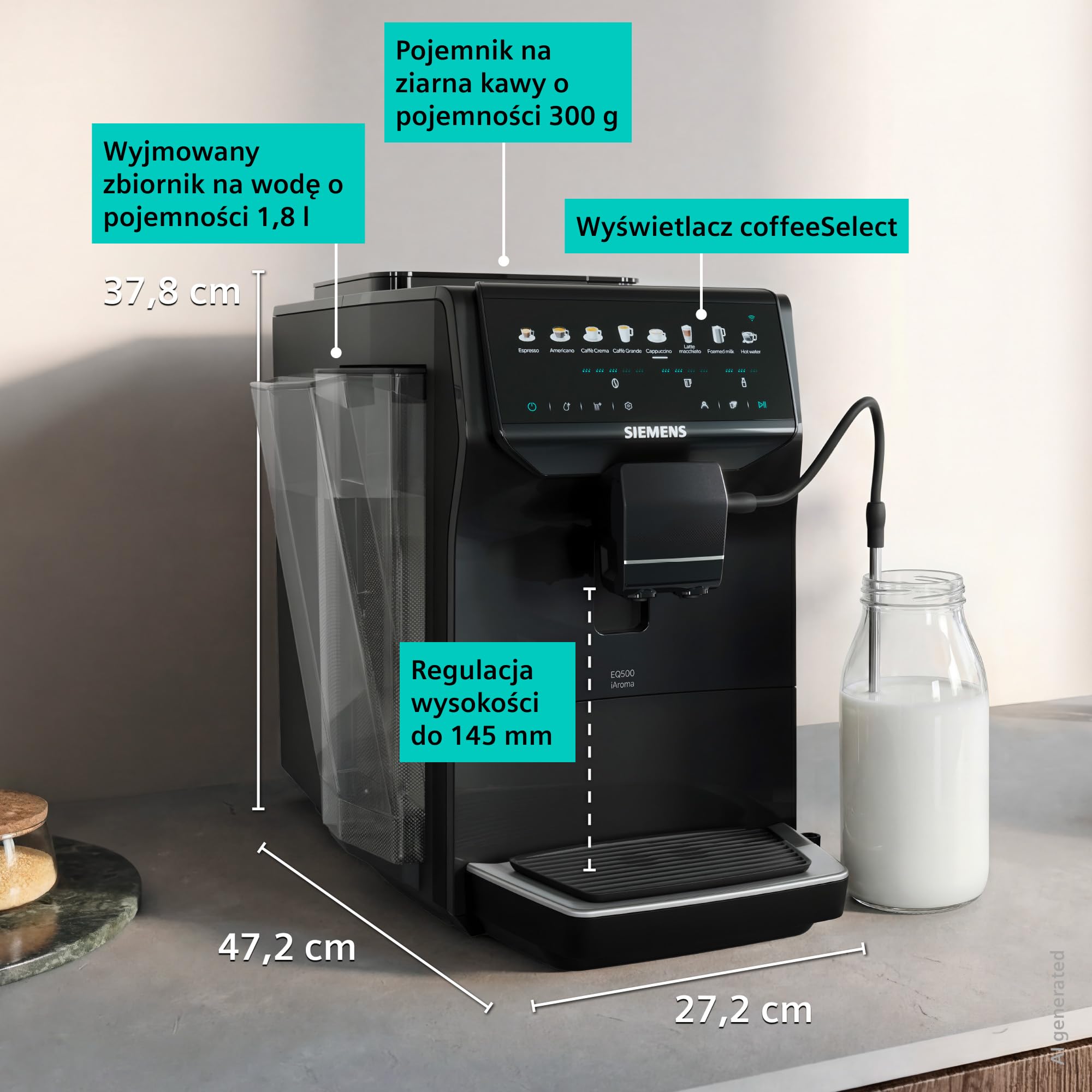 Siemens EQ500 iAroma, w pełni automatyczny ekspres do kawy ze zintegrowanym młynkiem, dotykowe sterowanie dla 8 napojów i szybka personalizacja, łatwe czyszczenie, czarny, TP553E19