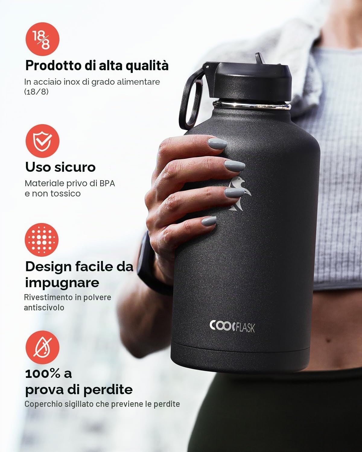 Coolflask Bottiglia D'acqua Isolata 2L con Cannuccia e 3 Coperchi - Doppia Parete Sottovuoto a Prova di Perdite per Freddo e Caldo, Nero