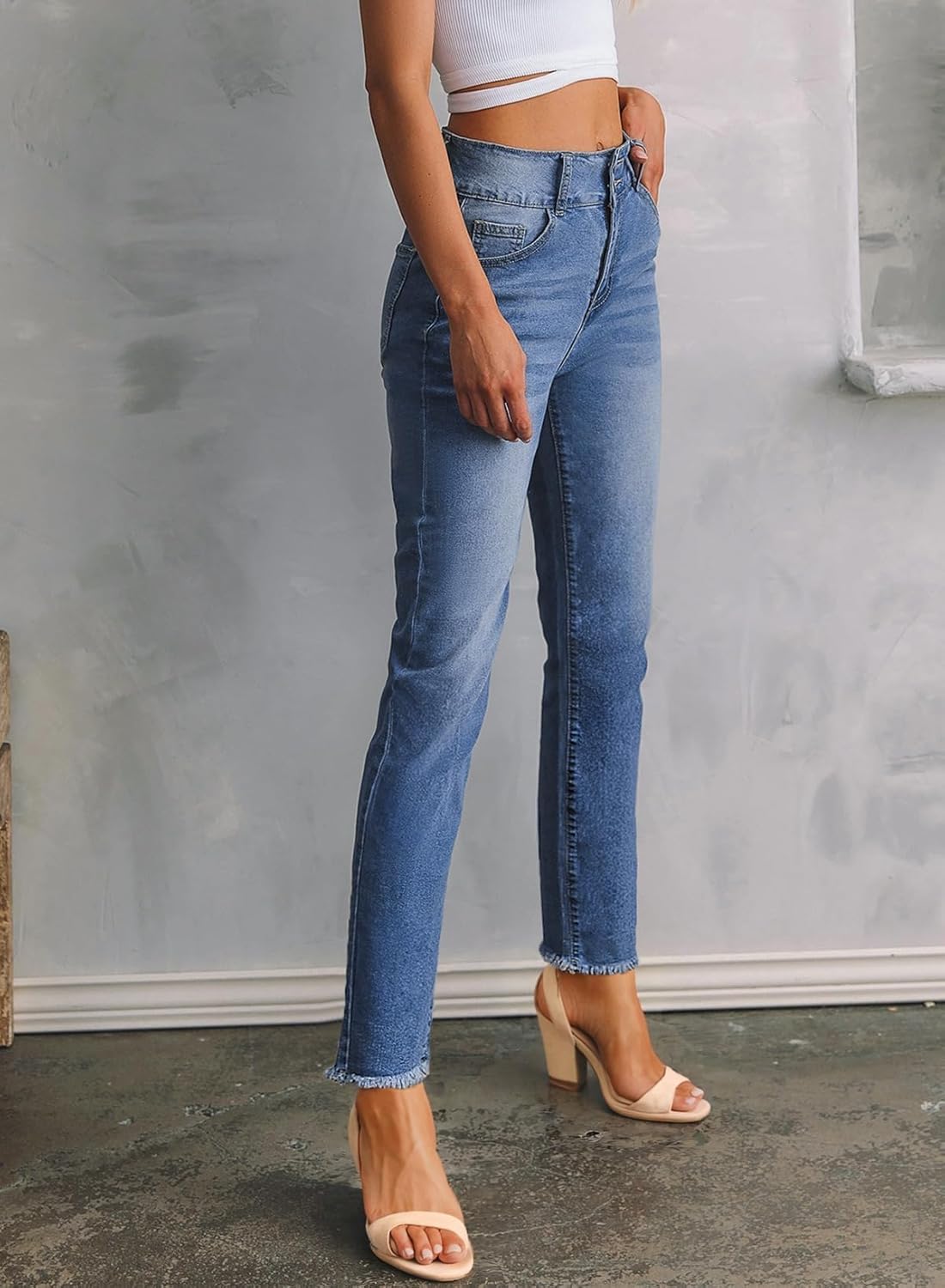 Sidefeel Women's High Waisted Jeans Strechy Fashion Raw Hem Straight Leg Ankle Denim Pants with Pockets - Image 4