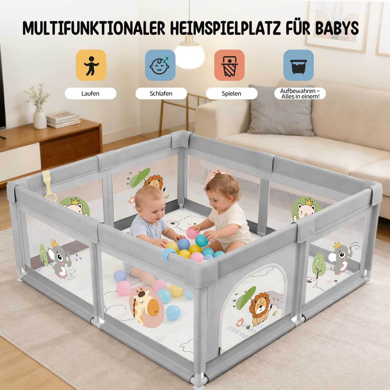 Box Bambini 120x120 con Tappeto, Box per Bambini 360° Rete Traspirante, Tessuto Oxford, Base antiscivolo, Porta con Cerniera, Sicurezza Antiscivolo Robusta Centro Attività, Leone Grigio