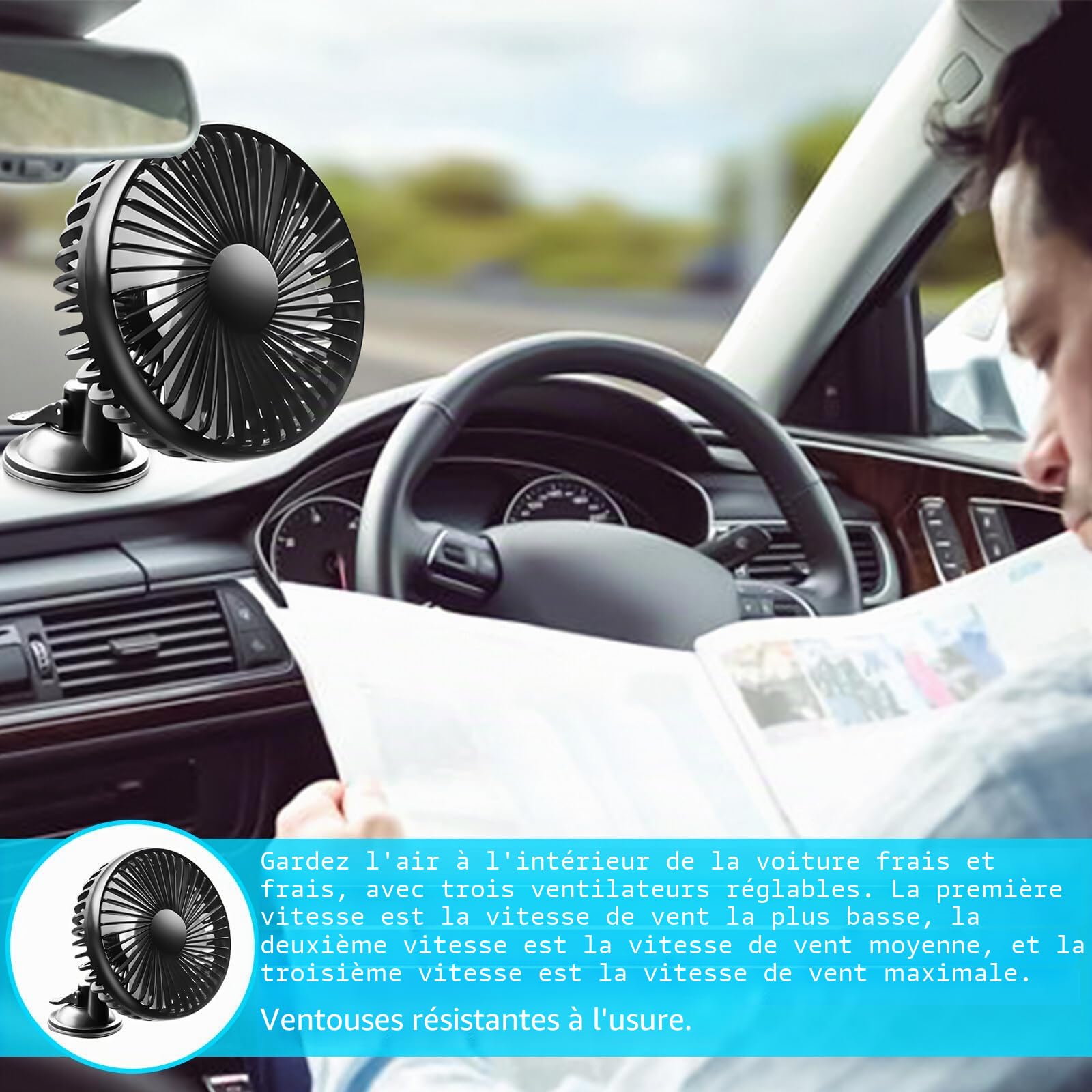 GOMETY Ventilateur de voiture, portable, rotatif à 360°, USB 12 V/24 V, universel, 3 vitesses, ventilateur de refroidissement, ventilateur de table pour la maison, le bureau, la poussette, le camping