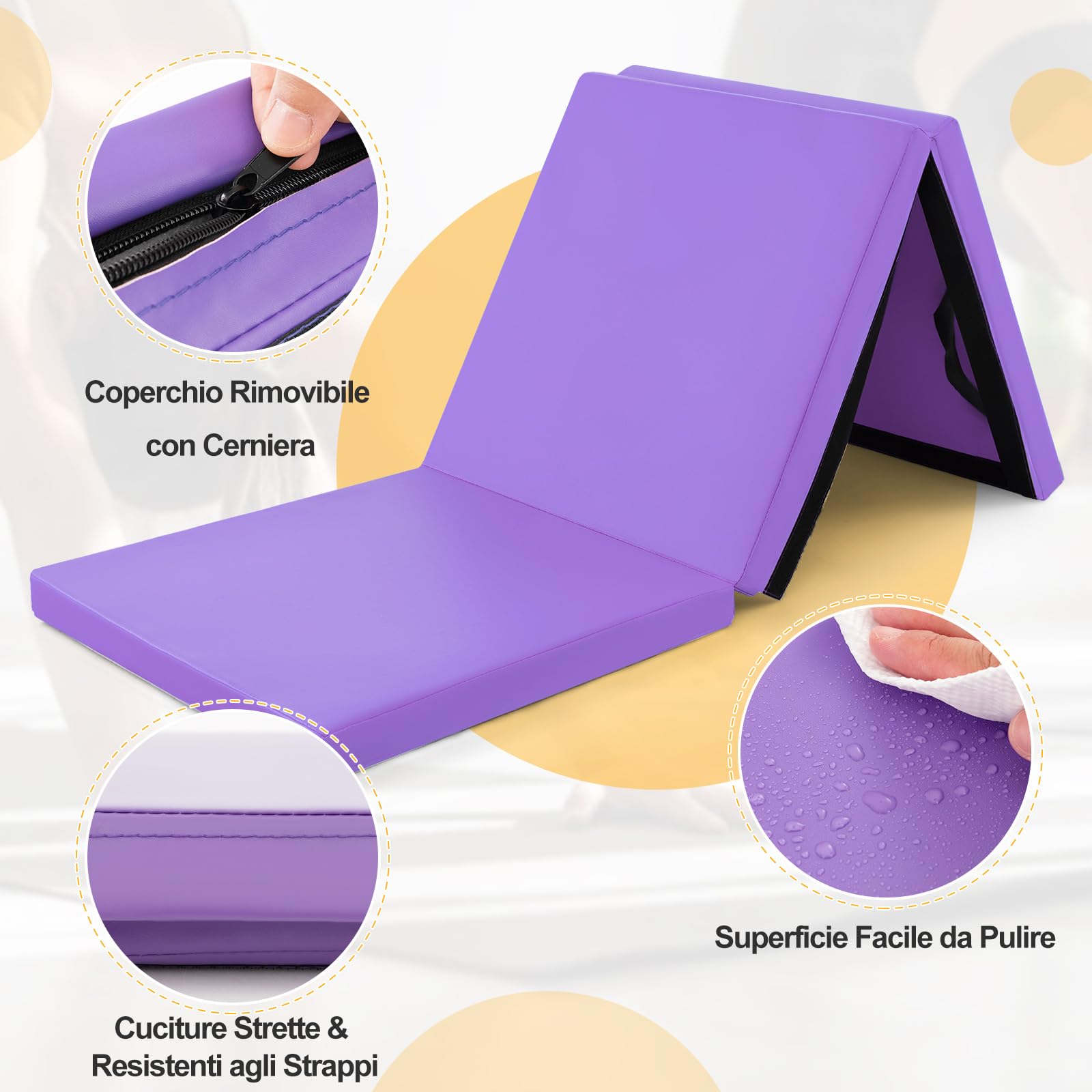 GYMAX Tappetino da Yoga, 180 x 60 x 5 cm, Materassino per Ginnastica 3 Segmenti, Pieghevole e Portatile con Manico