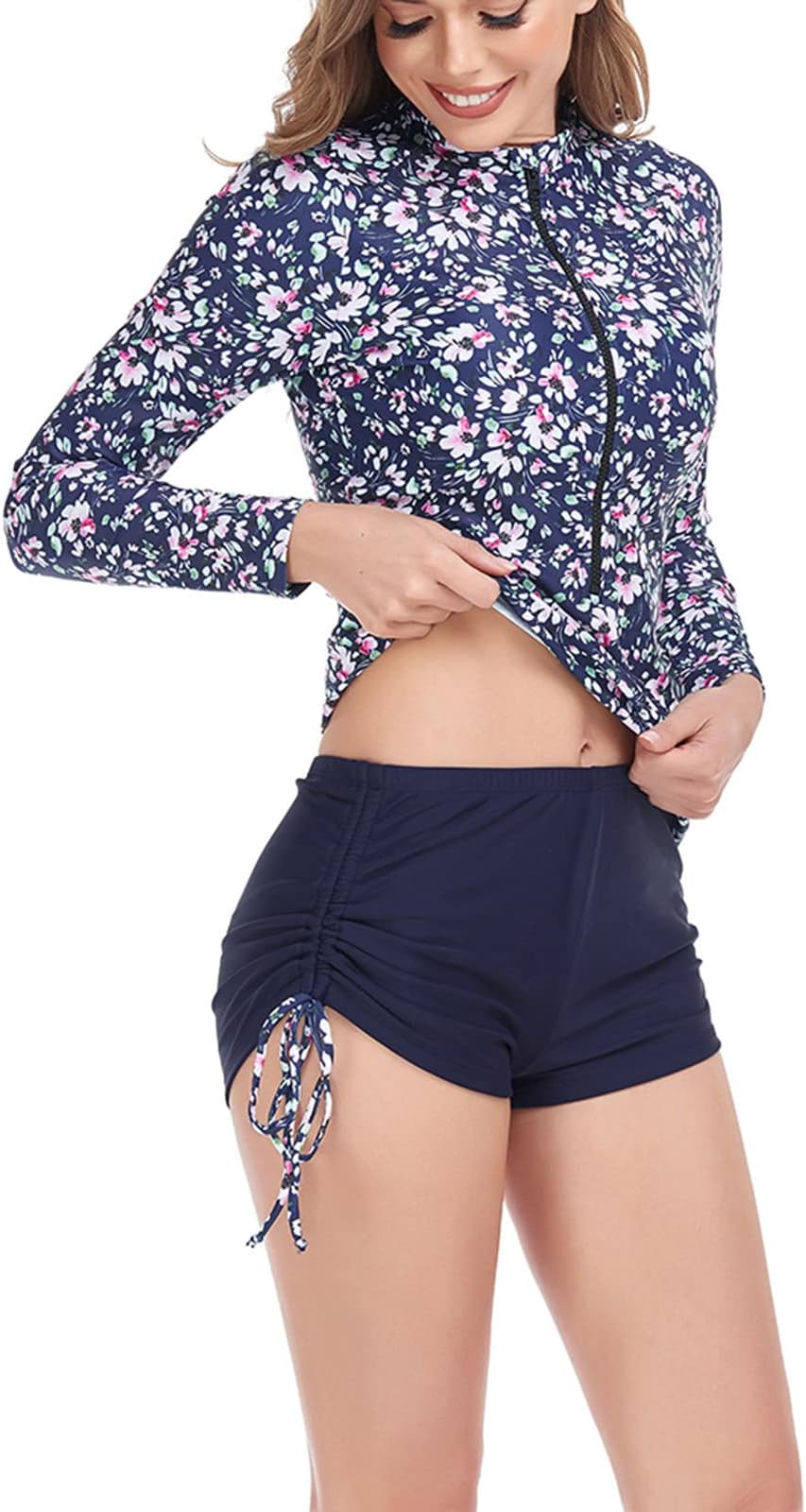 GenericWomen Two Piece Rash Guard Long Sleeve Swimwear UV UPF 50+ Bathing Suit Tropical Print Swim Shirt with Boyshort Bottom