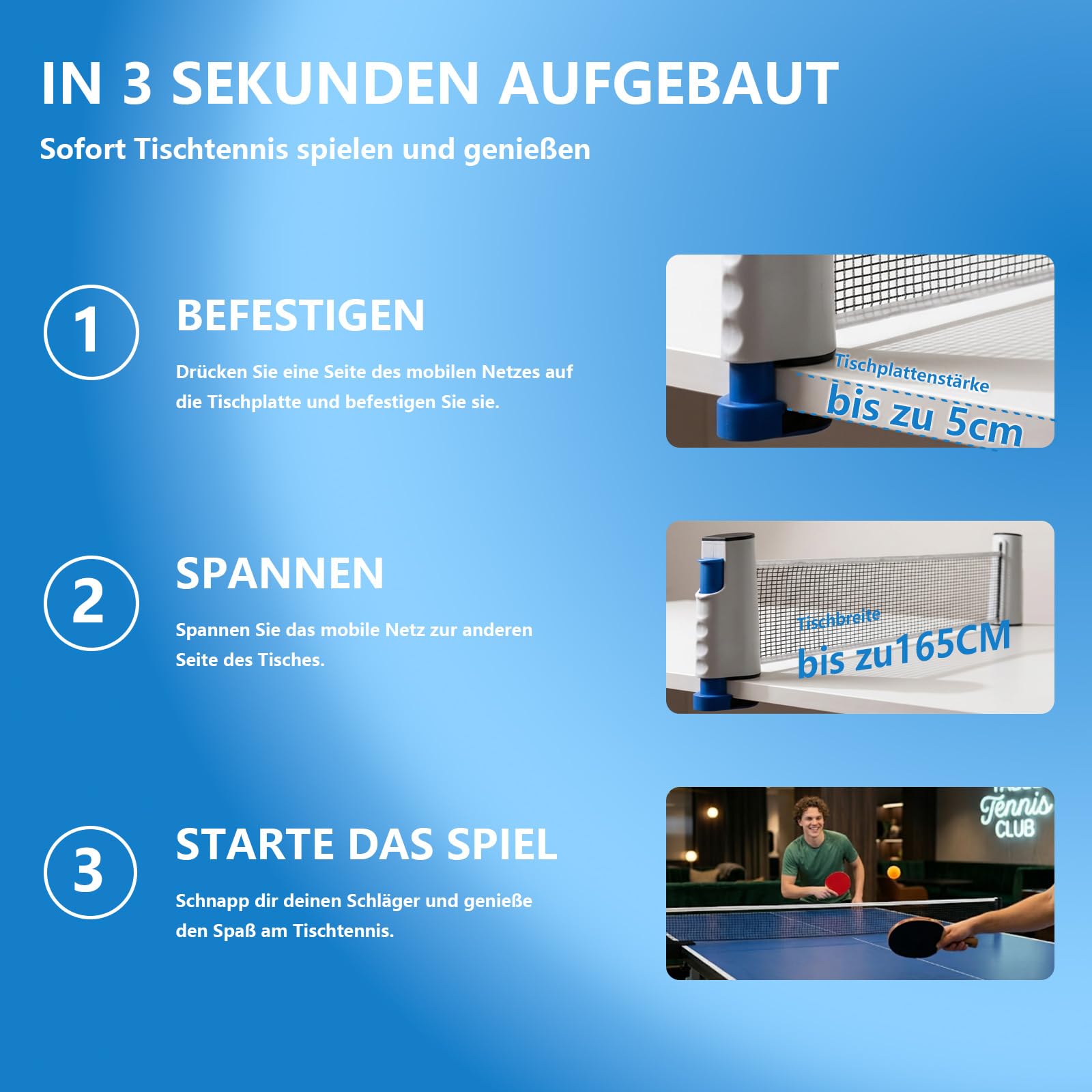 Professionelles Tischtennis-Set — 7-schichtige Lindenholz-Schläger (beidseitig Noppen-innen-Belag), ausziehbares Netz (passend für Tischplatten bis 5 cm Stärke), 3 ABS-Tischtennisbälle und tragbare Au