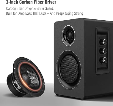 Active Bookshelf Speakers, 60W, Bluetooth 5.3, USB-C, AUX/RCA, Black | A 3-inch carbon fiber woofer, 1-inch silk dome tweeter and wood cabinets. For PCs, turntables, TVs, gaming and music.