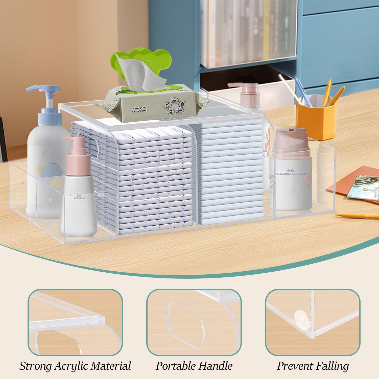 Jumyee Acrylic Diaper Caddy, Changing Diaper Table Organizer, Tabletop Detachable Clear Diaper Storage Organizer for Diapers, Wipes, and More Baby Stuff