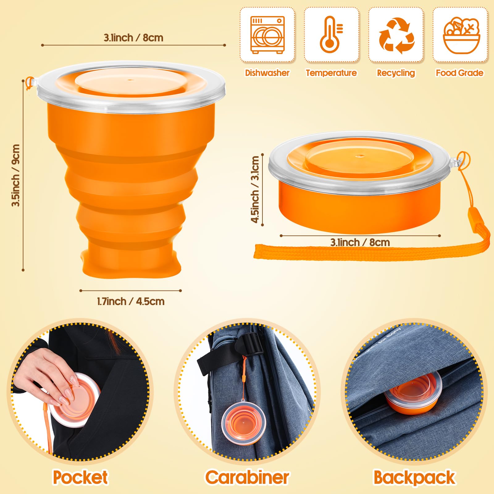 Umigy 24 tazas plegables de silicona expandibles, taza de viaje portátil plegable reutilizable taza de camping plegable con tapas para mochileros al aire libre senderismo