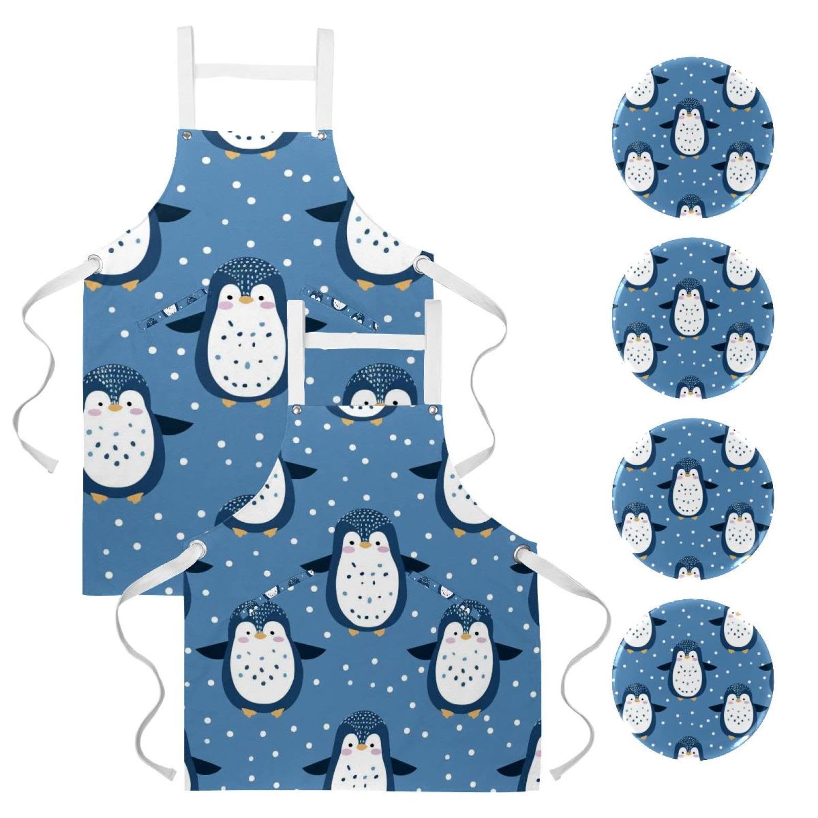Lot de 2 tabliers de cuisine doux et réglables avec 2 grandes poches pour homme et femme Motif pingouin des neiges Bleu, Pingouin des neiges mignon bleu,