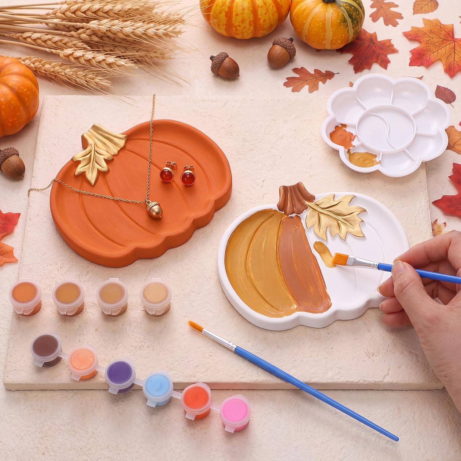 MotiMind 4 Set Ceramics to Paint Pumpkin Jewelry Tray Ready to Paint