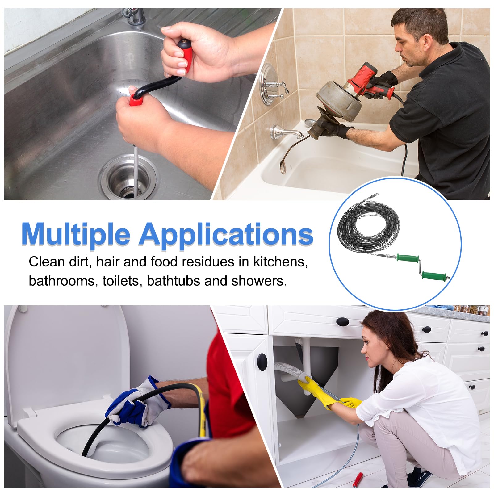 QUARKZMAN Desatascador Manual De Tuberías 2/5" (10mm) Diámetro 49ft Herramienta Flexible Para Limpiar Desagües Con Conector Para Taladro Resorte Para Eliminar Obstrucciones De Cabello