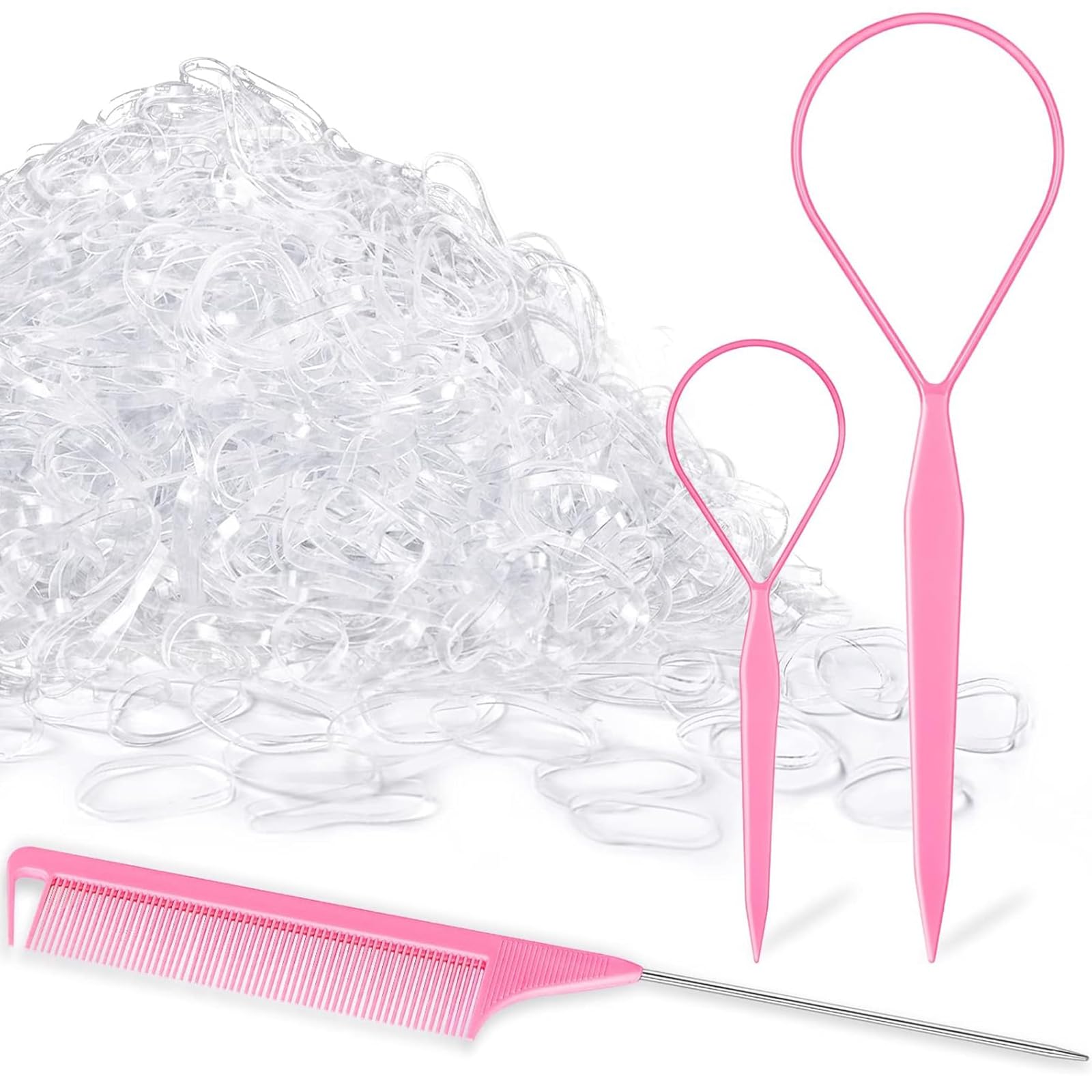TsMADDTs 1000pcs Clear Small Rubber Elastics with Hair Loop Styling Tool Set,1000pcs Hair Ties 2Pcs French Braid Tool Loop 1Pcs Rat Tail Combs,Pink