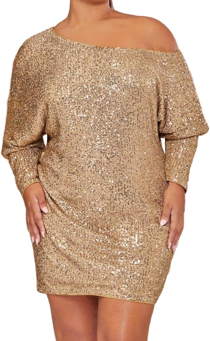 RED DOT BOUTIQUE 863 - Asymmetrical Neck Off Shoulder Batwing Sleeves Sequin Party Plus Size Dress