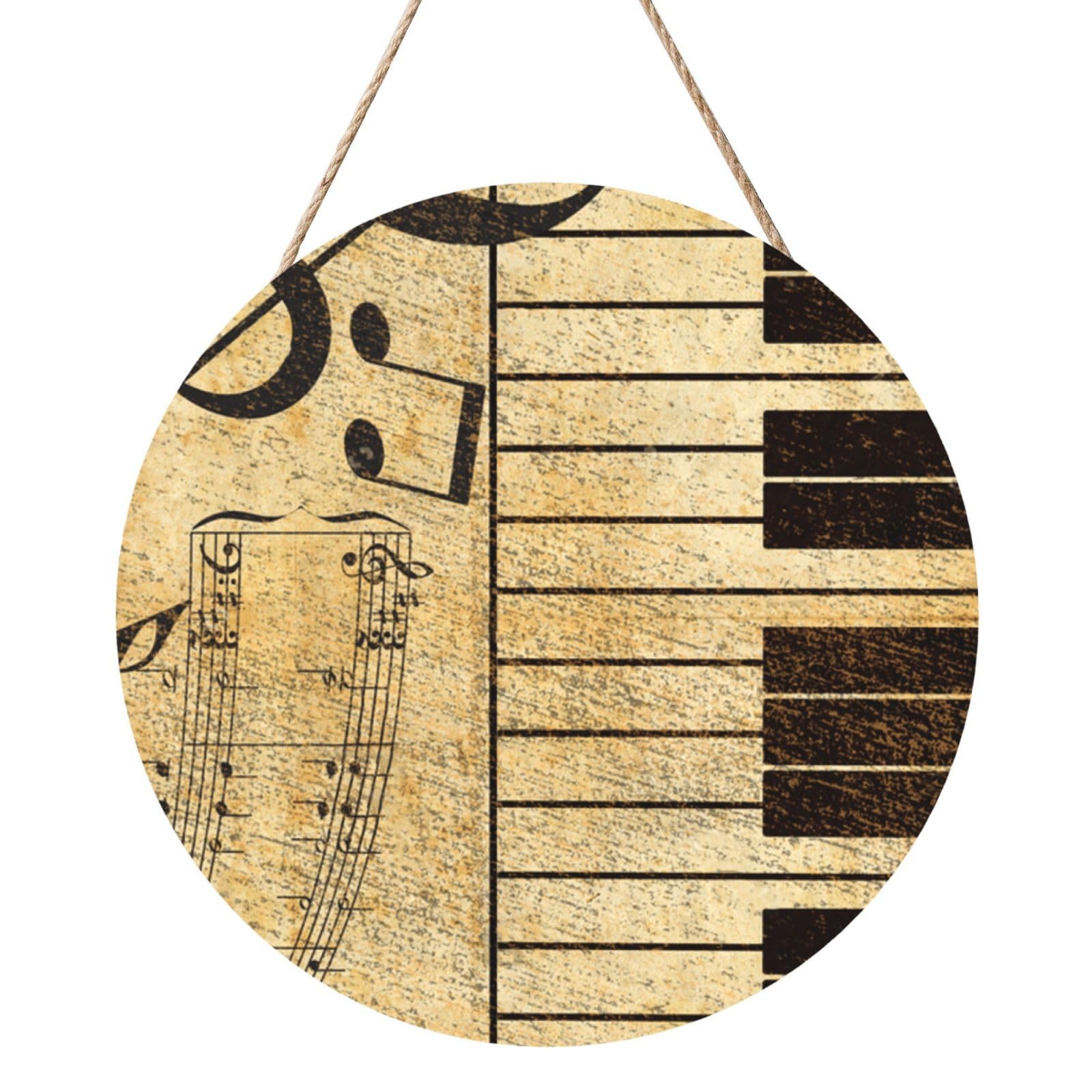 InOmak Vintage Music Note Piano, Round Wood Panel Painting 12 in, Wall Hanging Painting For Home
