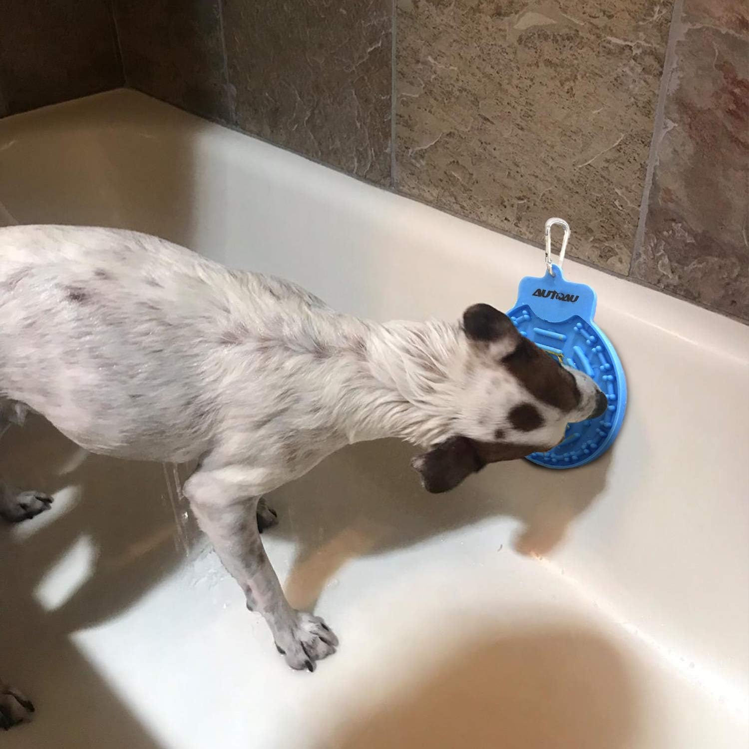 Autoau Dog Bath Lick Mat Powerful Suctions to Wall Dog Bathing Distraction Device Dog Slow Feeder Tray for Easy and Fun Shower Pet Bathing Grooming Training Dog Licking Pad (Blue+Green)