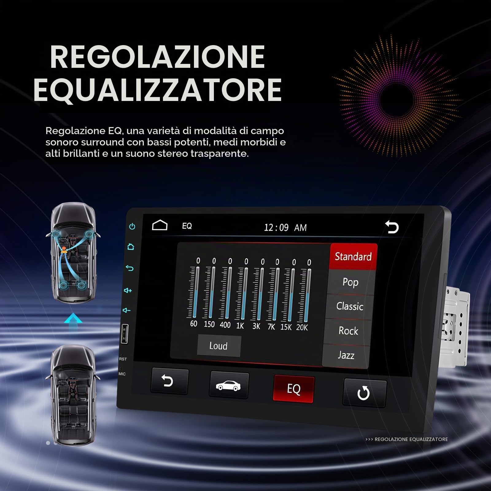 1 DIN Autoradio Bluetooth Touch Screen 9 Pollici | Stereo Auto Schermo Double Din Radio Supporto FM, USB, EQ, Specchiamanto Telefono, con Telecamera Posteriore