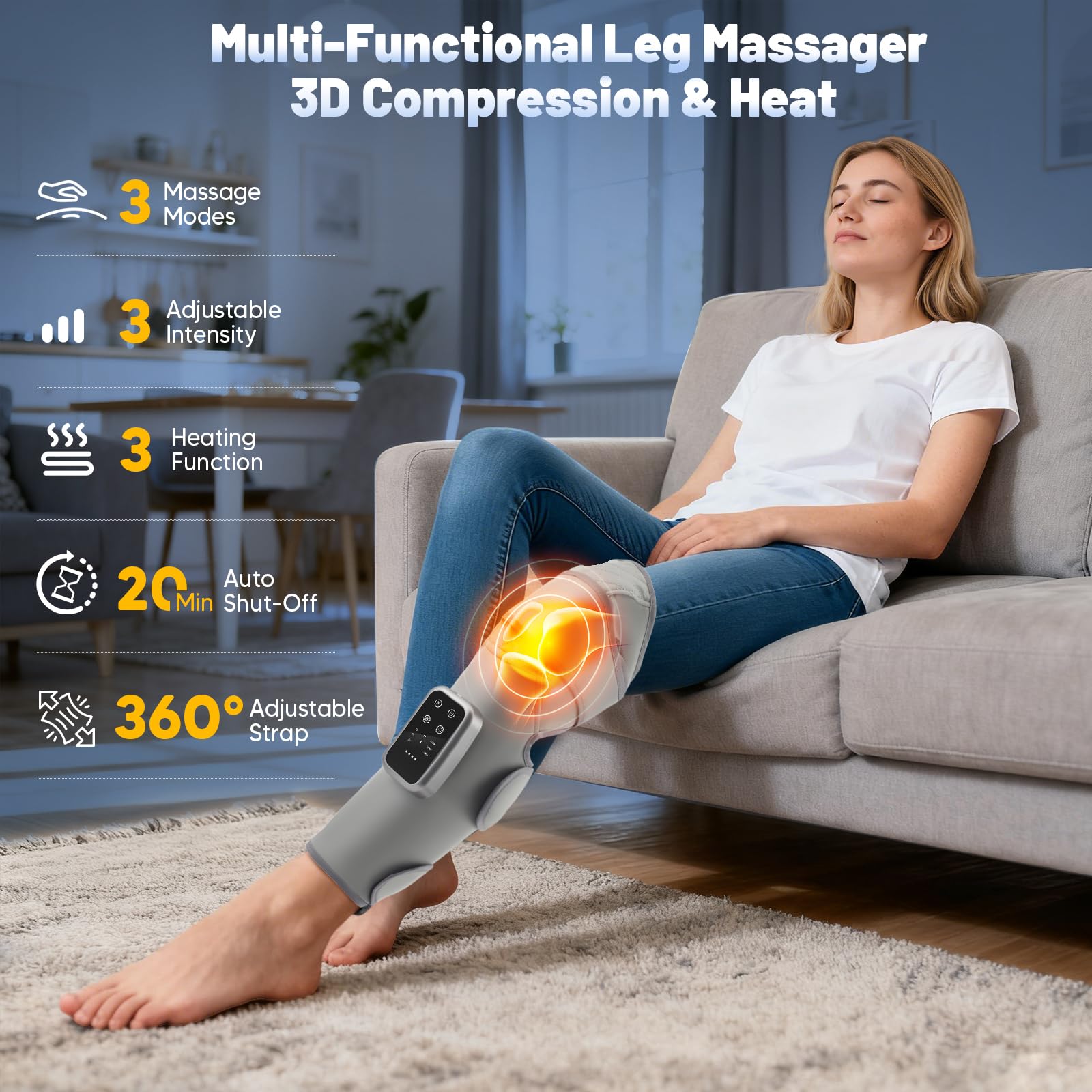Massaggiatore 2 in 1, protezione completa per ginocchia e polpaccio, dispositivo di drenaggio linfatico, 3 modalità e 3 livelli di calore, cinghie regolabili a 360°, massaggiatore per gambe