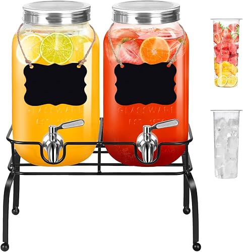 Dispensador de bebidas con soporte juego de 2 dispensador de bebidas de vidrio de 1 galón con grifo y tapa de acero inoxidable más cilindro de hielo