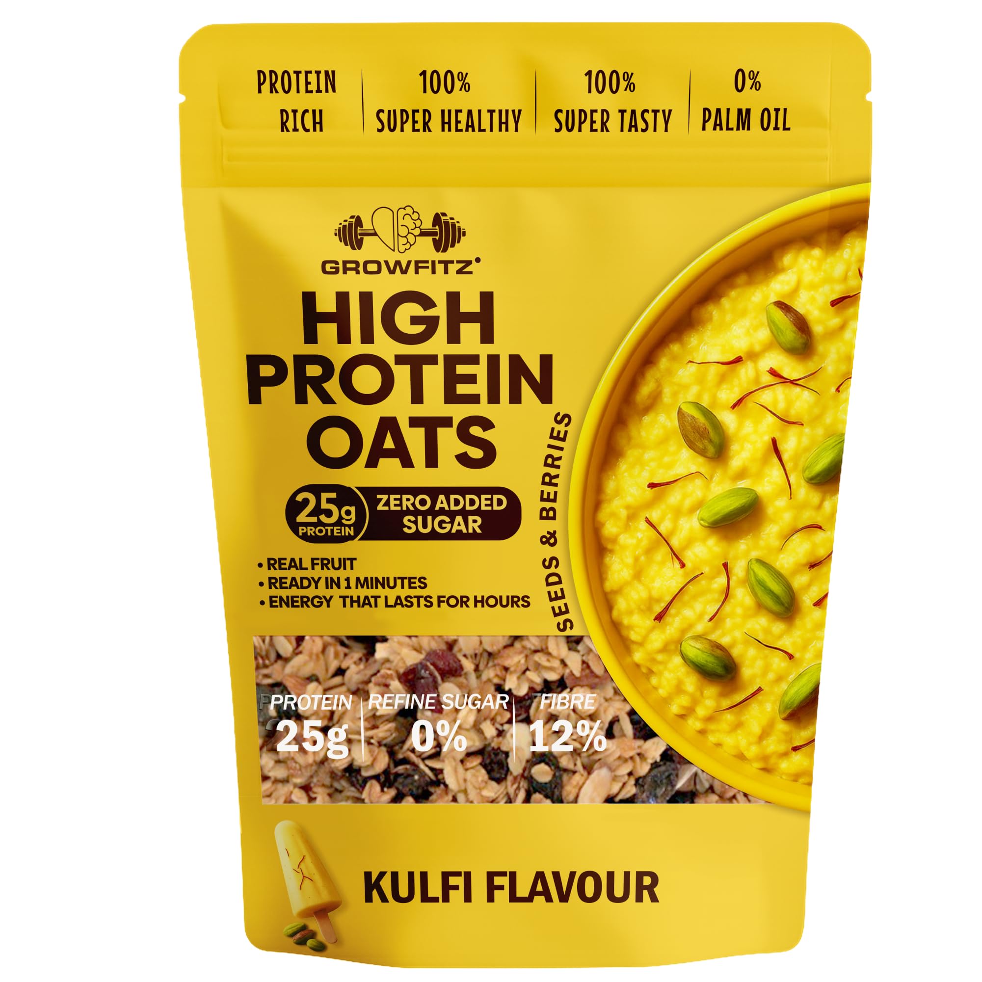 GrowFitz 25g High Protein Oats 800 Gram | Kulfi Flavor Breakfast Oatmeal | 12g High Fiber, Almonds, Raisin, Pumpkin, Chia Seeds, Super Rolled Oats | Healthy Fats, No Added Sugar (Pack of 1)