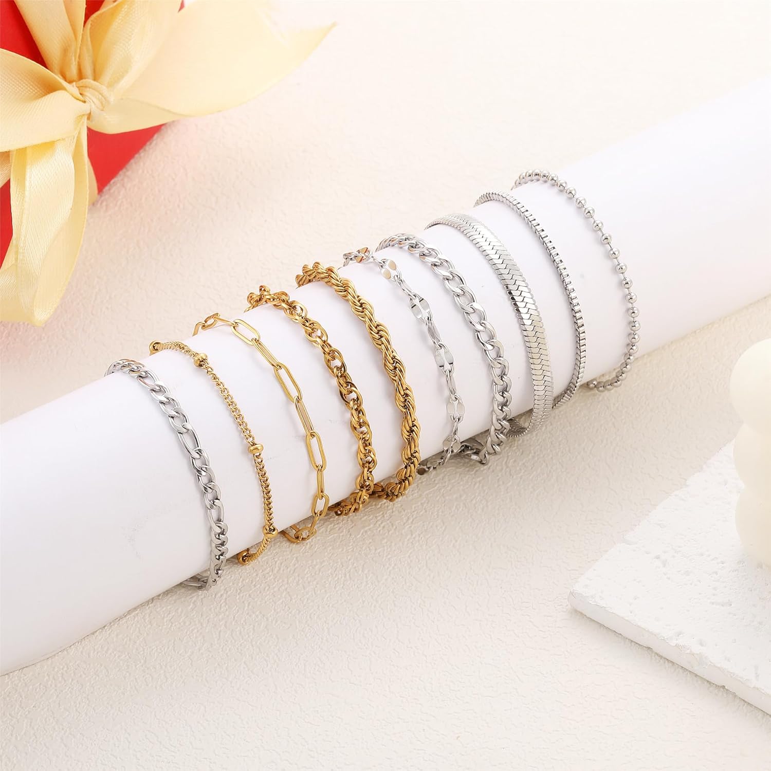 Gold Silver Bracelets for Women Waterproof Jewelry Sets Trendy Thin Dainty Stackable Cuban Link Paperclip Chain Bracelet Pack Fashion Accessories Gifts for Women - Image 7