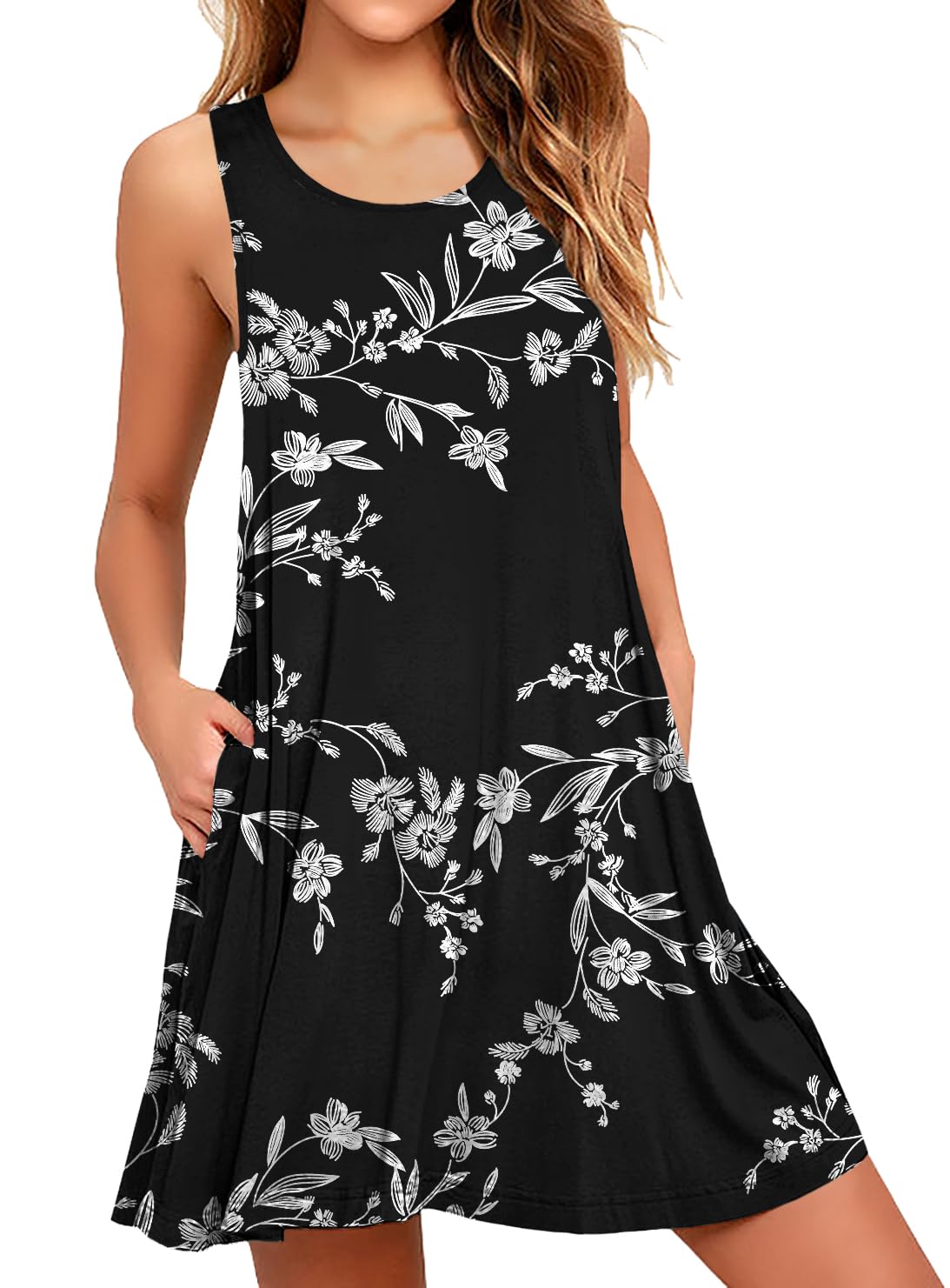 Actcat Strandkleid Damen Sommer Ärmellos Rundhals Leicht Luftig Casual Kleid mit Taschen Lässiges T-Shirt-Kleid