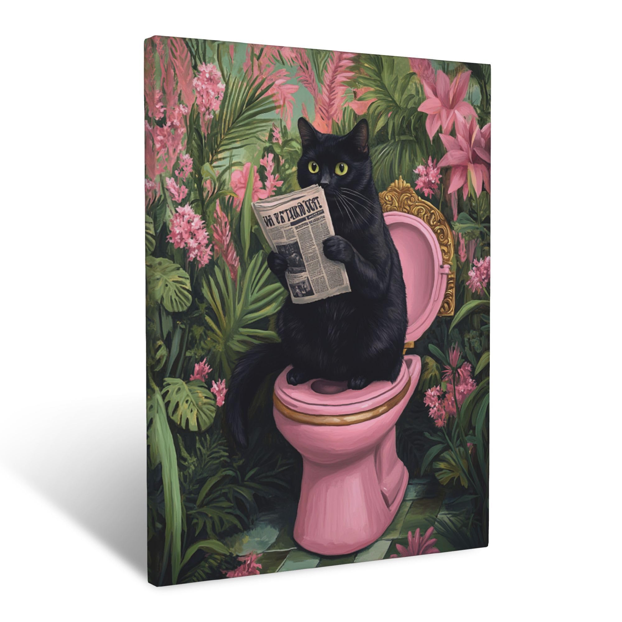 Bathroom Cat Canvas Wall Art Cats Pictures Wall Decor for Restroom,Toilet Bathroom Painting Print Home Modern Artwork Framed Decoration 12 x 16 inch