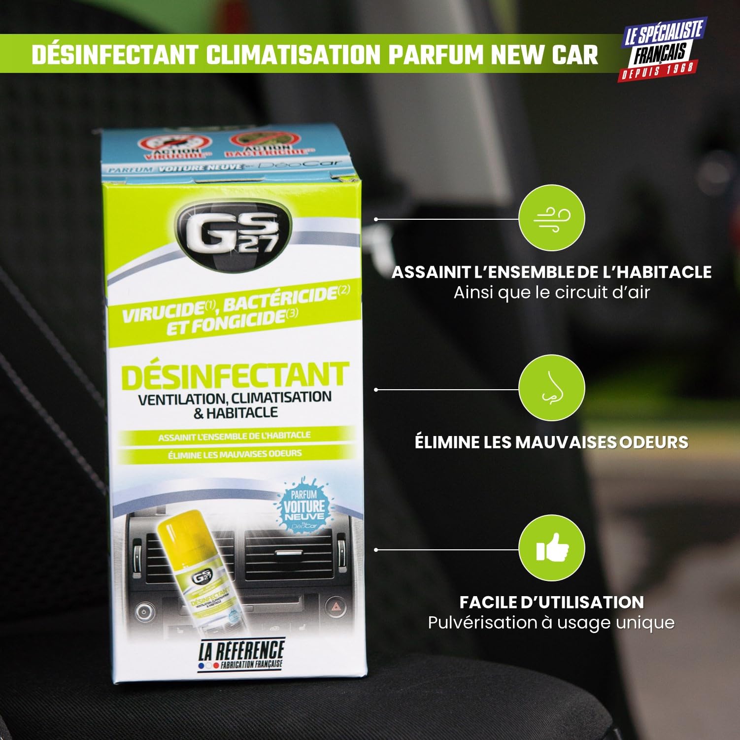 GS27 - Désinfectant Climatisation Voiture - Assainit la Ventilation et l'Habitacle - Parfum Voiture Neuve