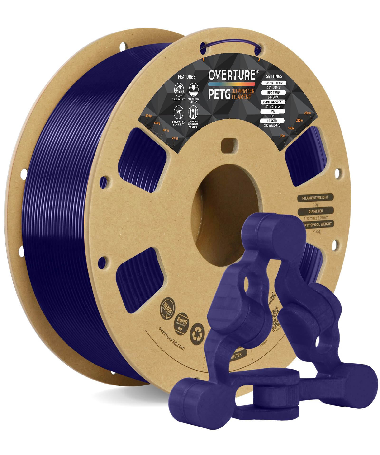 OVERTURE Filamento PETG 1.75mm, 1kg Bobina(2.2lbs), Neatly Wound Durevole PETG Filament per Stampante 3D, Precisione Dimensionale +/- 0.02 mm, 3D Printer Filamento (Blu Trasparente)