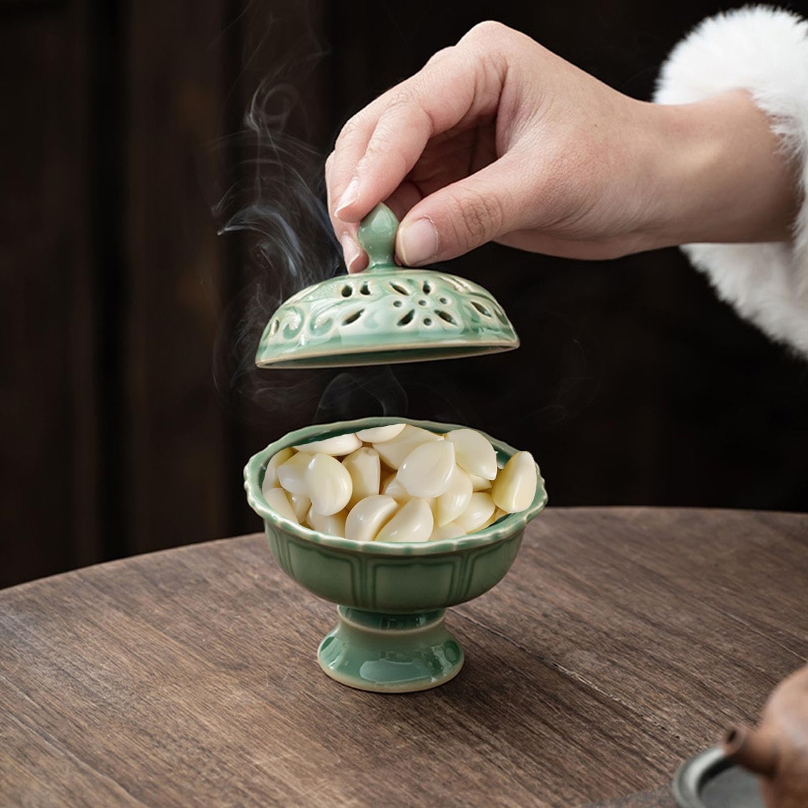 Knoblauch-Behälter Großes Fassungsvermögen Knoblauchtopf Mit EntlüFtung, Küche Behälter Keramik Retro Zwiebel Aufbewahrung Für Frische Knoblauchzehen(GrüN)