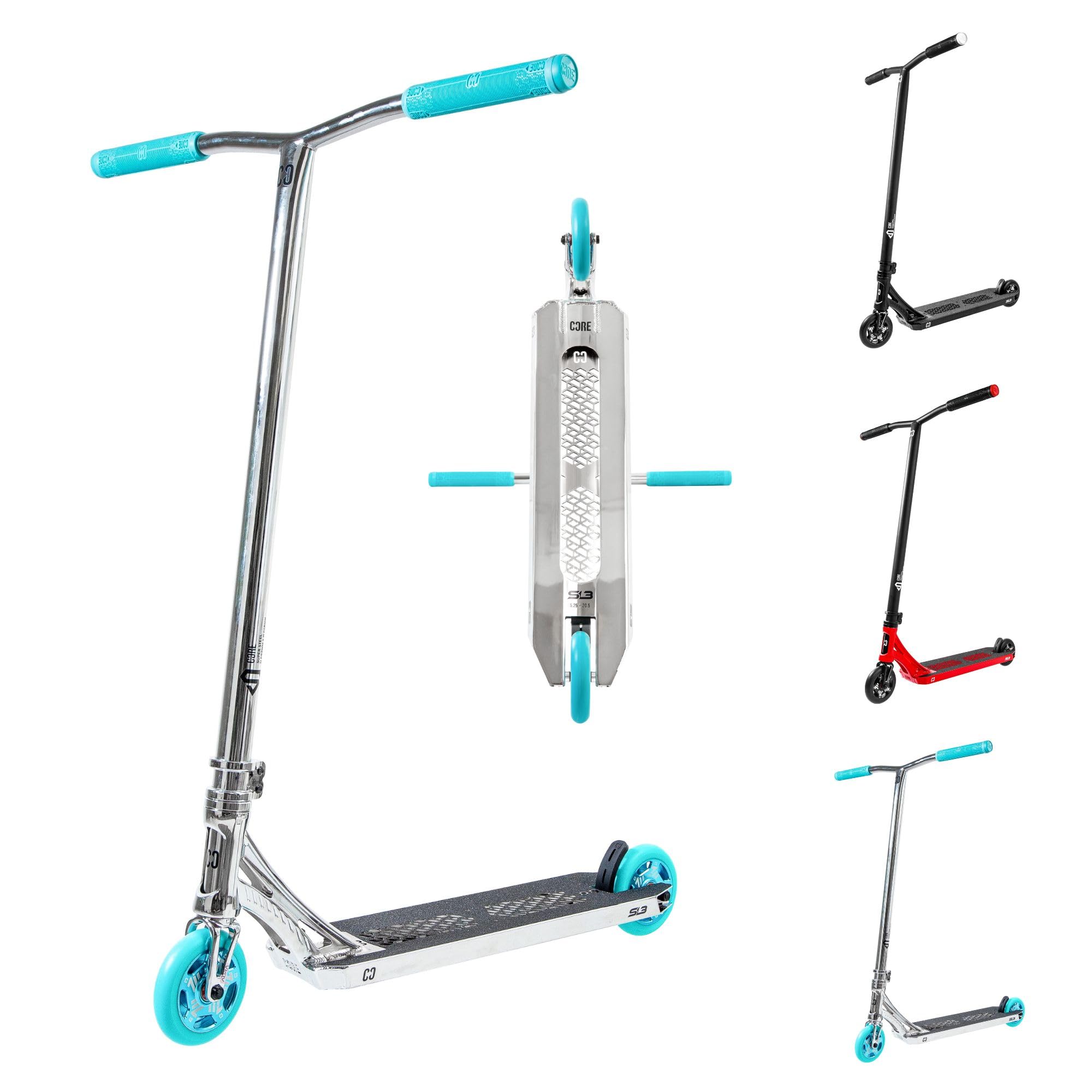 CORE SL3 - Patinete completo - Patinete profesional para cualquier edad - Scooters profesionales para niños y adultos - Listo para montar truco - Cromo/verde azulado