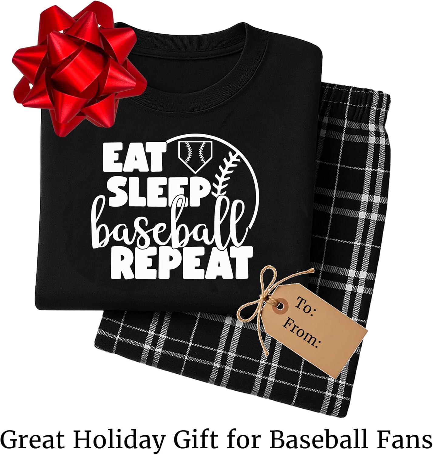 Studio 9Thirty3 Eat Sleep Baseball Repeat Loungewear Set – Men’s Comfy Flannel Pant & Tee Sleep Set, Gift for Fans & Players