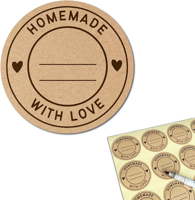 300 Pieces, Homemade with Love Stickers, Canning Jar Labels to Write On | Brown Kraft Labels for Bakery, Baked Goods, 2 inch