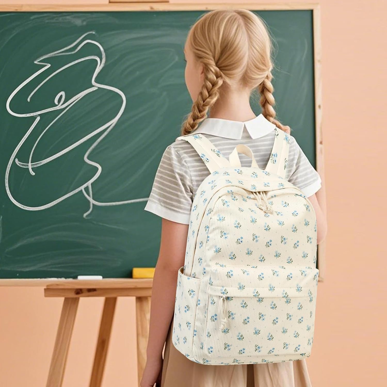 CAMTOP Backpack for Teen Girls Corduroy Bookbags Elementary Middle High School School Bag Lightweight Women Travel Casual Daypacks (Blue Flower) - Image 2