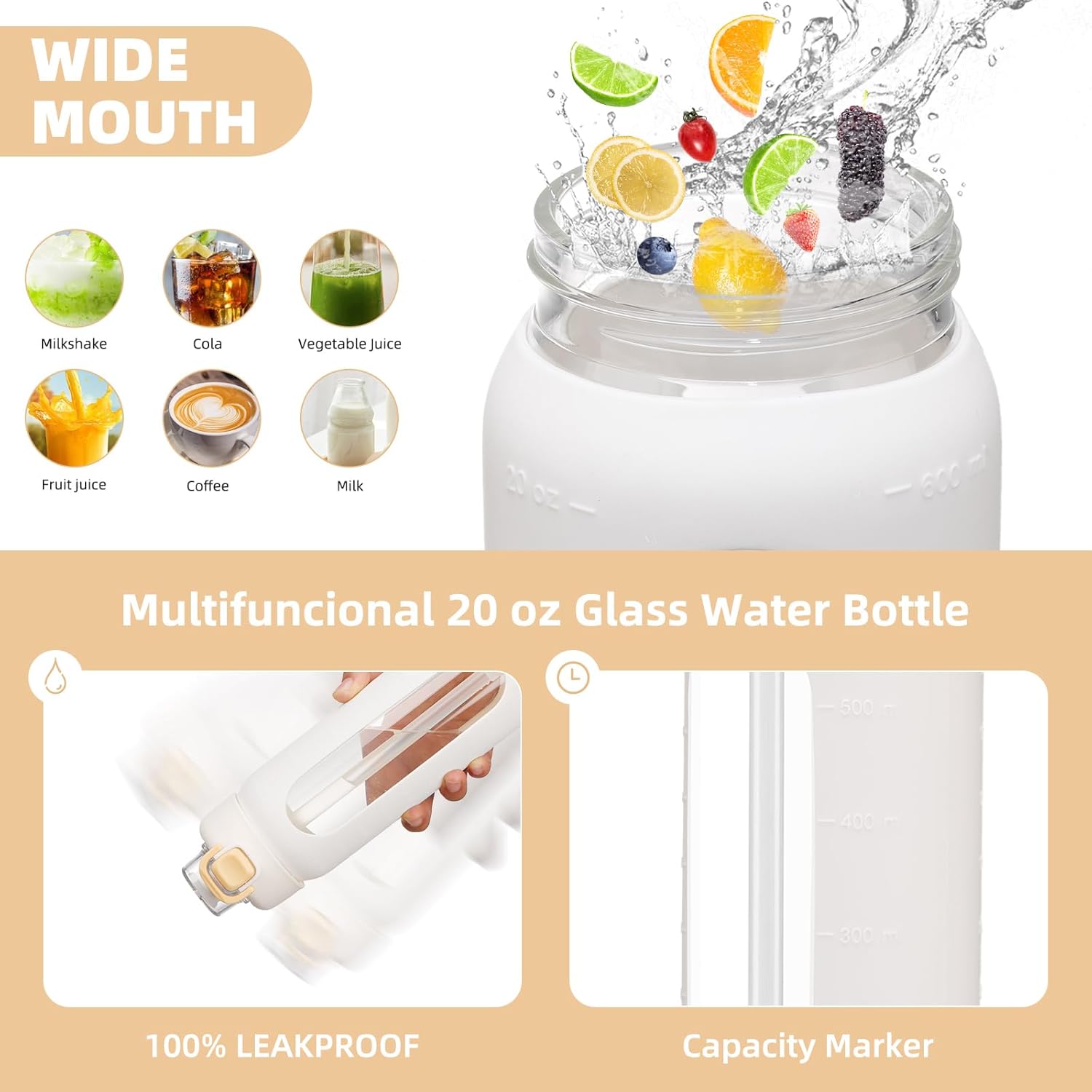 20 oz Glass Water Bottle with Straw Reusable Water Bottle with Non-Slip Silicone Sleeve Wide Mouth Leak-Proof for Coffee, Tea and Water,BPA-free, Dishwasher Safe - Image 3