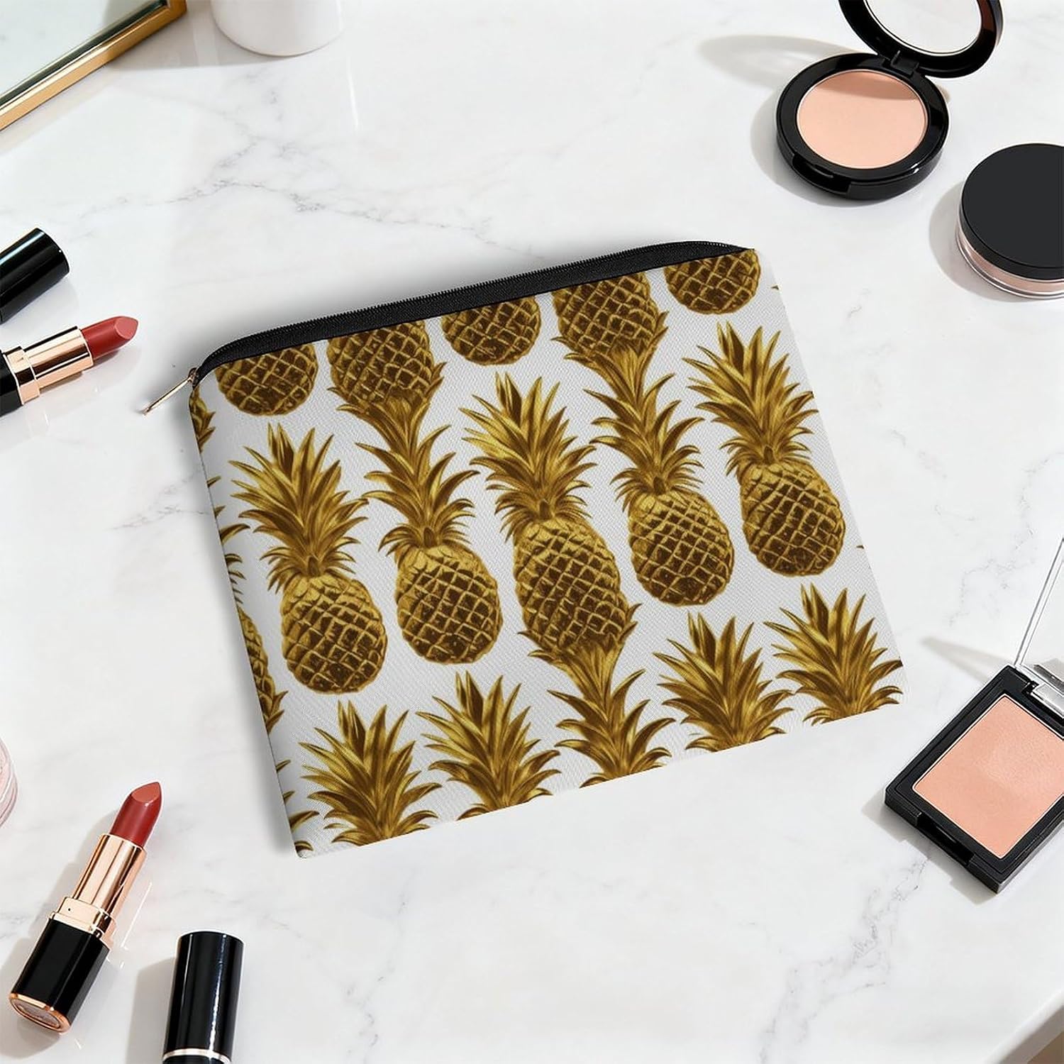 Lightweight Polyester Gold Pineapple Makeup Bag with Zipper image 5