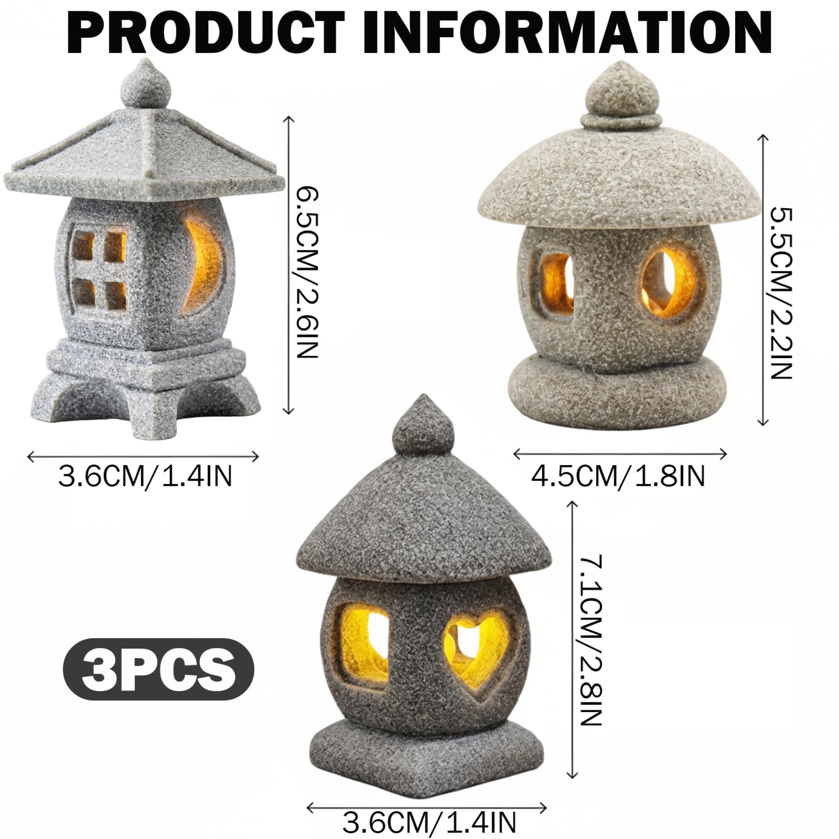Statua da giardino a pagoda da 3 pezzi con luce LED calda, mini lanterna con texture in pietra realistica, decorazione da giardino giapponese e figurine bonsai