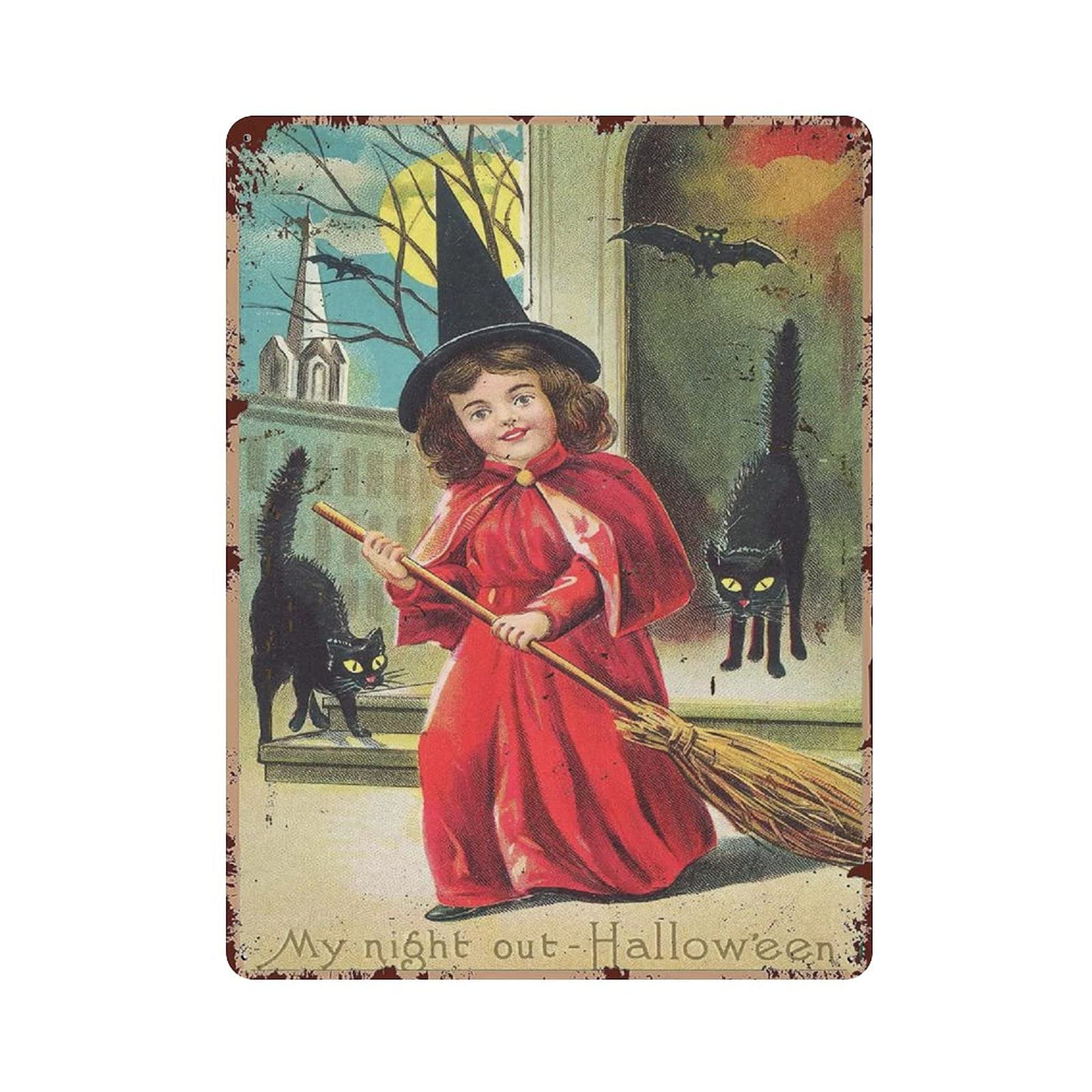 rayprint Metal Tin Sign Witch Girl Halloween Tin Sign Metal Aluminum Sign Vintage Wall Decor Retro Poster for Bars Restaurants Cafes Pubs Home Decoration 16"x12"