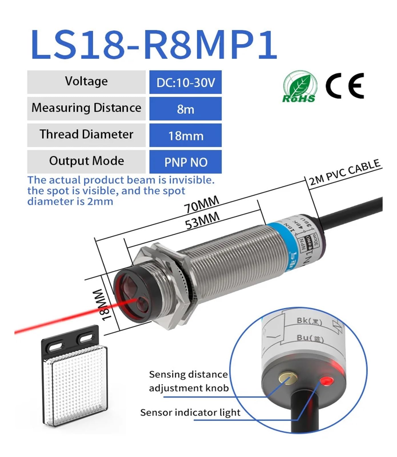 Sensore fotoelettrico Laser retroriflettente Serie M18 10-30 V NPN PNP Punto visibile 2 mm Distanza di rilevamento 8 M Regolabile(Pnp No)