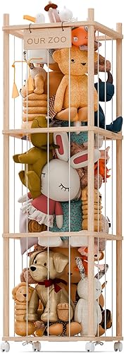 Almacenamiento y organizador de animales de peluche, organizador de juguetes de zoológico de madera extra grande de 54 pulgadas, jaula de juguetes