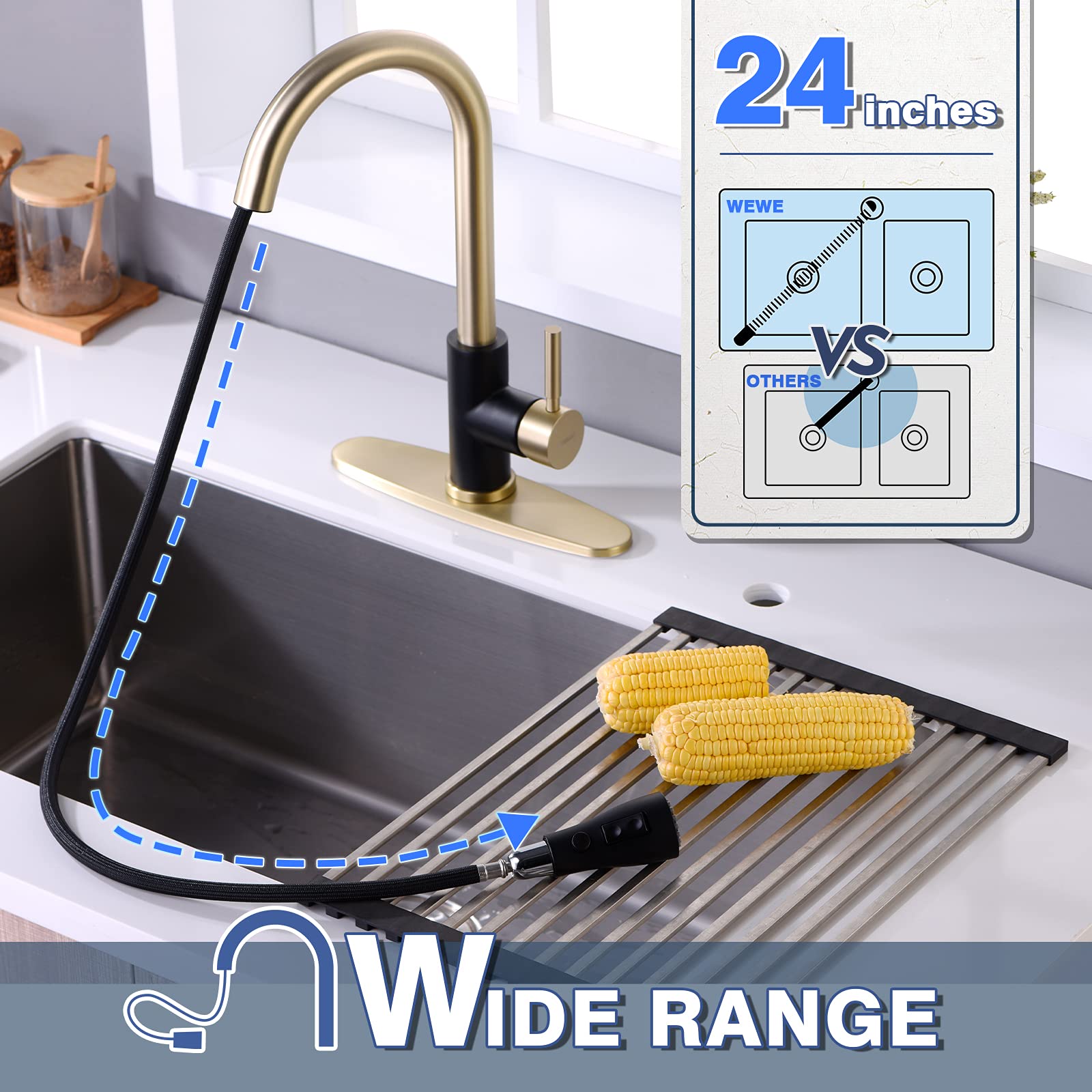 Black and Gold Kitchen Faucet with Pull Down Sprayer WEWE, Commercial Single Handle Kitchen