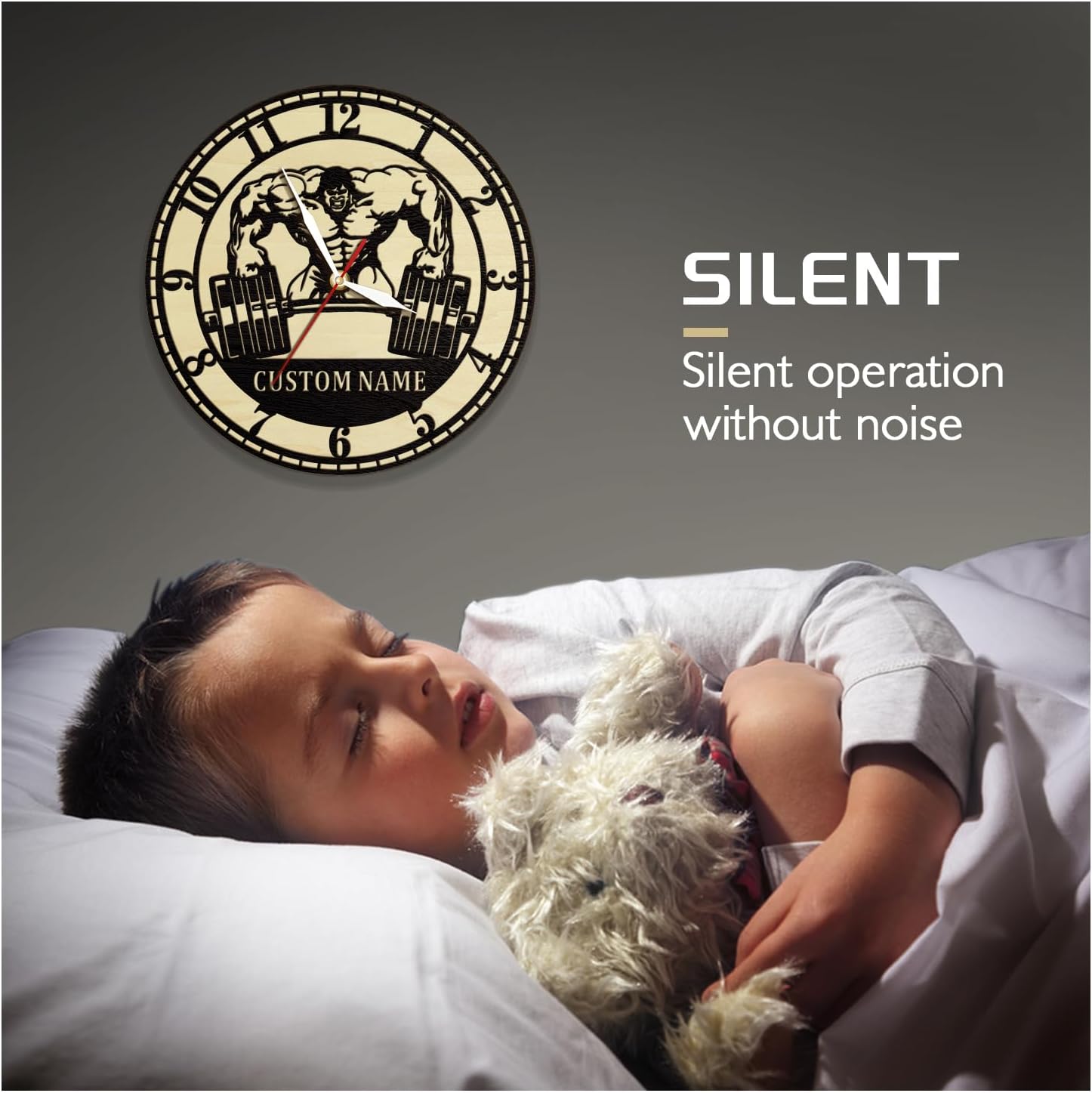 12 Inch Gym Wall Clock Personalized Name, Custom Barbell Weight-Lifting Workout Wood Wall Clock Silent Non Ticking Battery Operated Wooden Gym Clocks for Home Gym Fitness Room Fitness Center