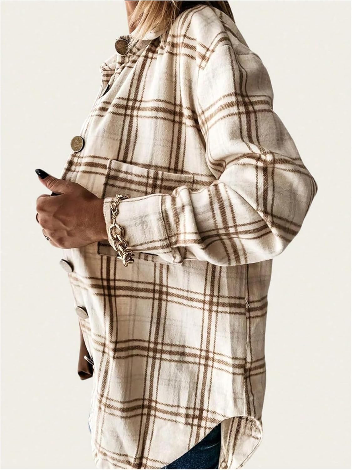 Women's Plaid Button Down Shirt Dressy Casual Collared Long Sleeve Loose Shacket Jacket with Pocket - Image 2