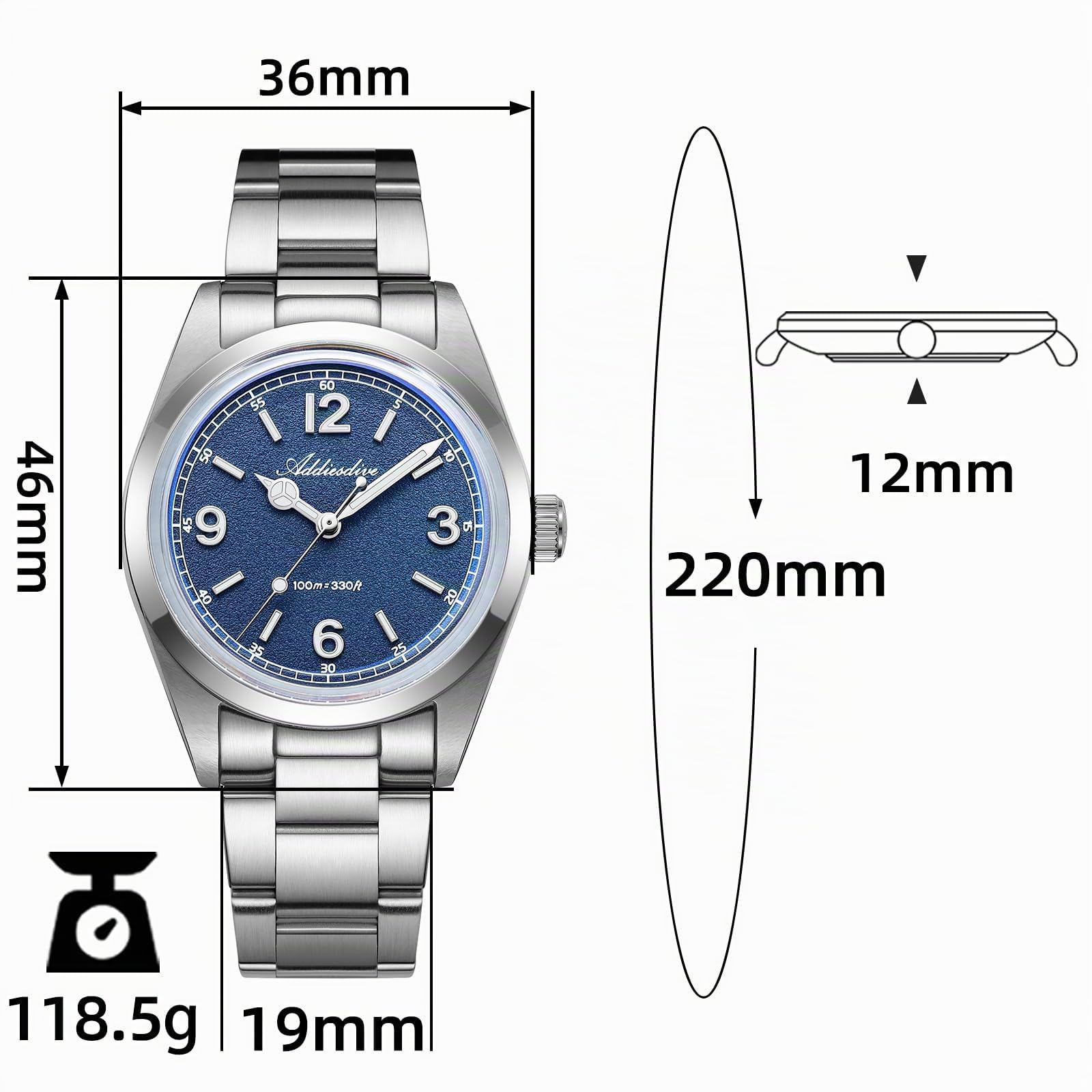 ADDIESDIVE Orologio da polso da uomo, 36 mm, al quarzo, con vetro a bolle luminoso fino a 100 m, impermeabile, minimalista, unisex