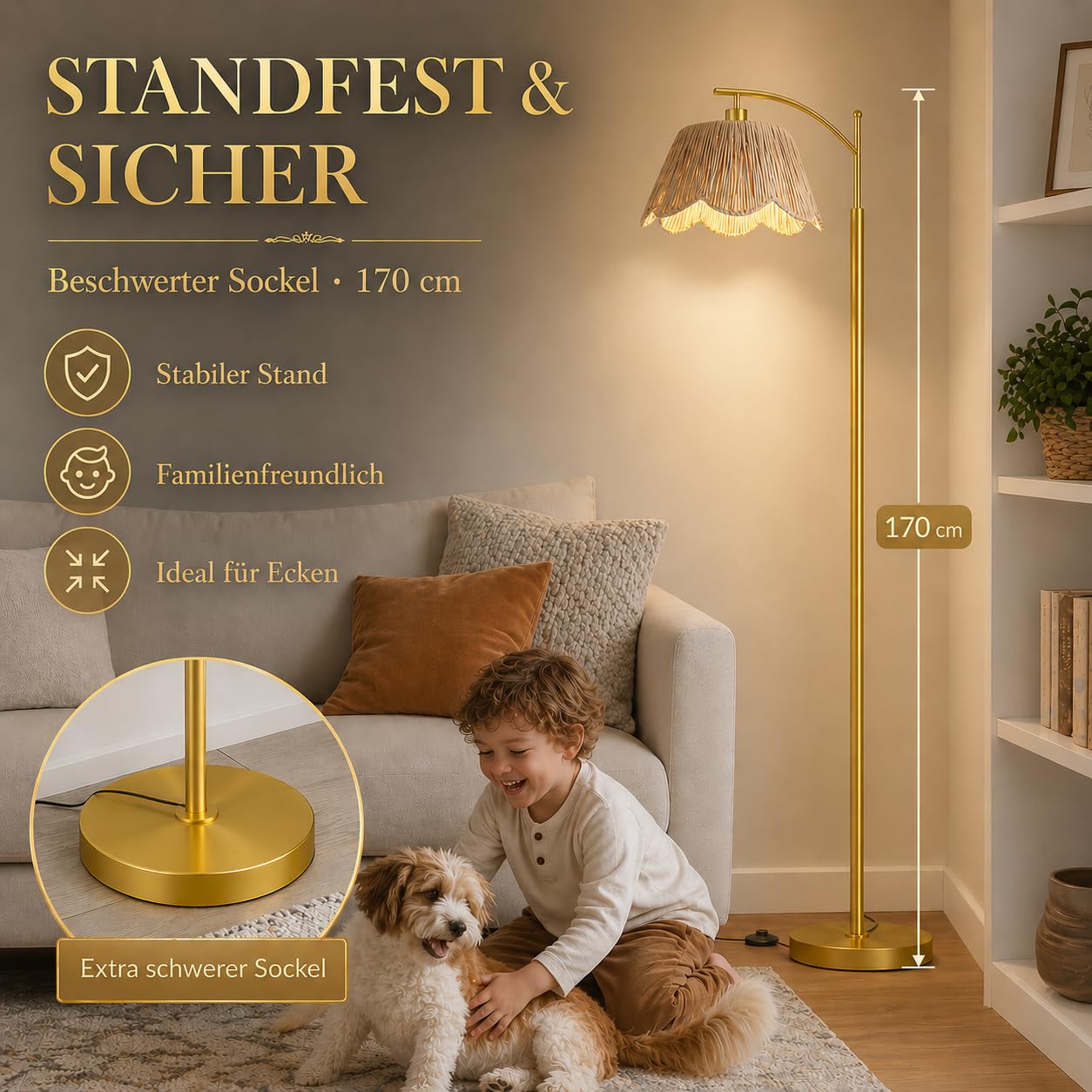 Stehlampe Wohnzimmer Boho, Raffia Lampenschirm in Blütenform, Dimmbar mit Fernbedienung, Timer, 3 Lichtmodi und Speicherfunktion, Gold Bogenlampe Fußschalter für Schlafzimmer & Büro, H170cm