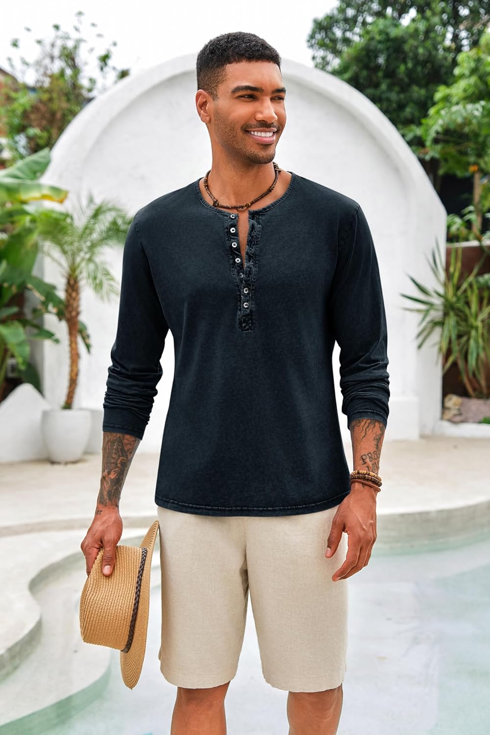 Beotyshow Mens Distressed Henley Shirts Front Placket Retro Long Sleeve Tee Shirts Casual Button Down Washed T-Shirts for Men